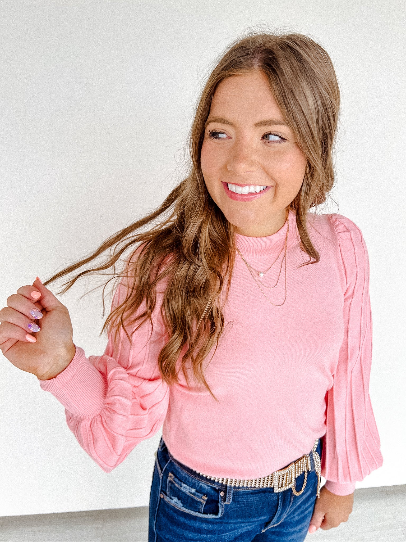 Brielle Pleated Sleeve Sweater - Geranium Pink