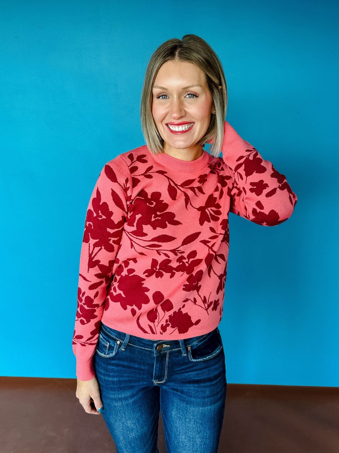 Mary Lou Floral Sweater - Musk Pink  + Burgundy