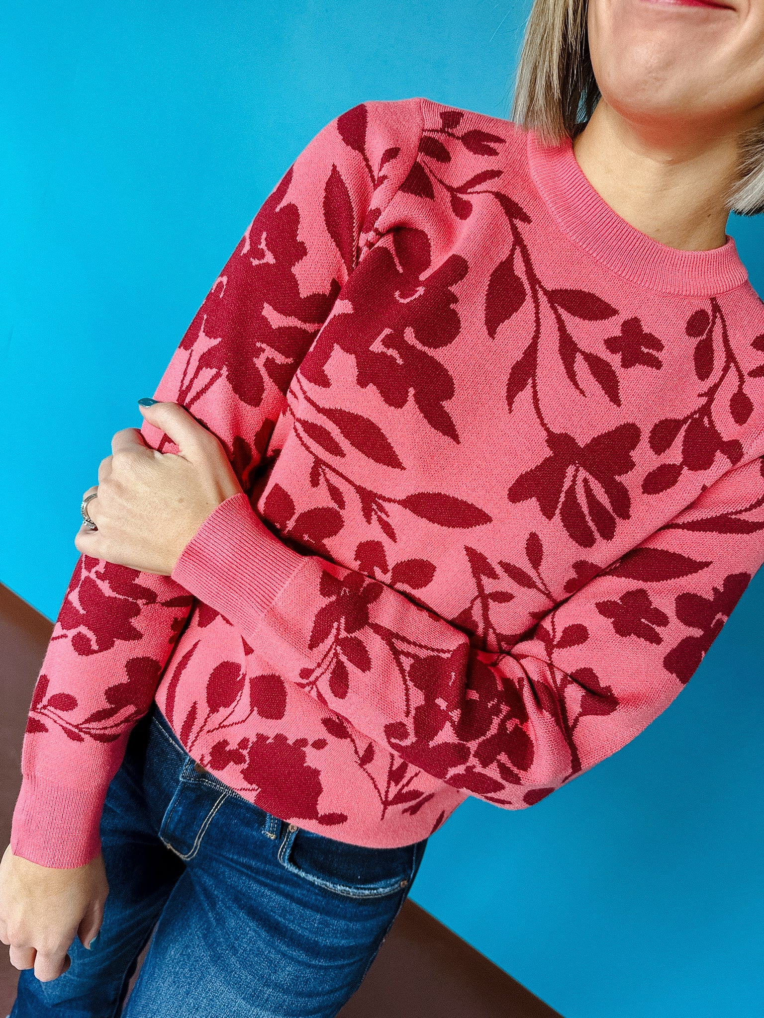 Mary Lou Floral Sweater - Musk Pink  + Burgundy