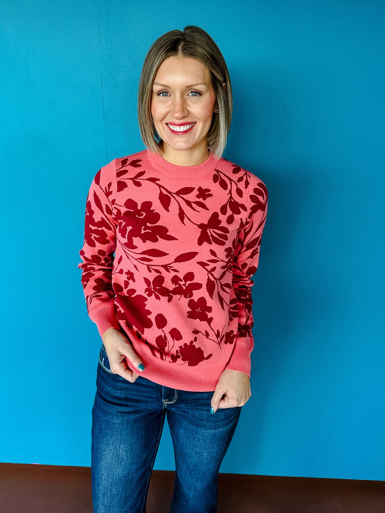 Mary Lou Floral Sweater - Musk Pink  + Burgundy