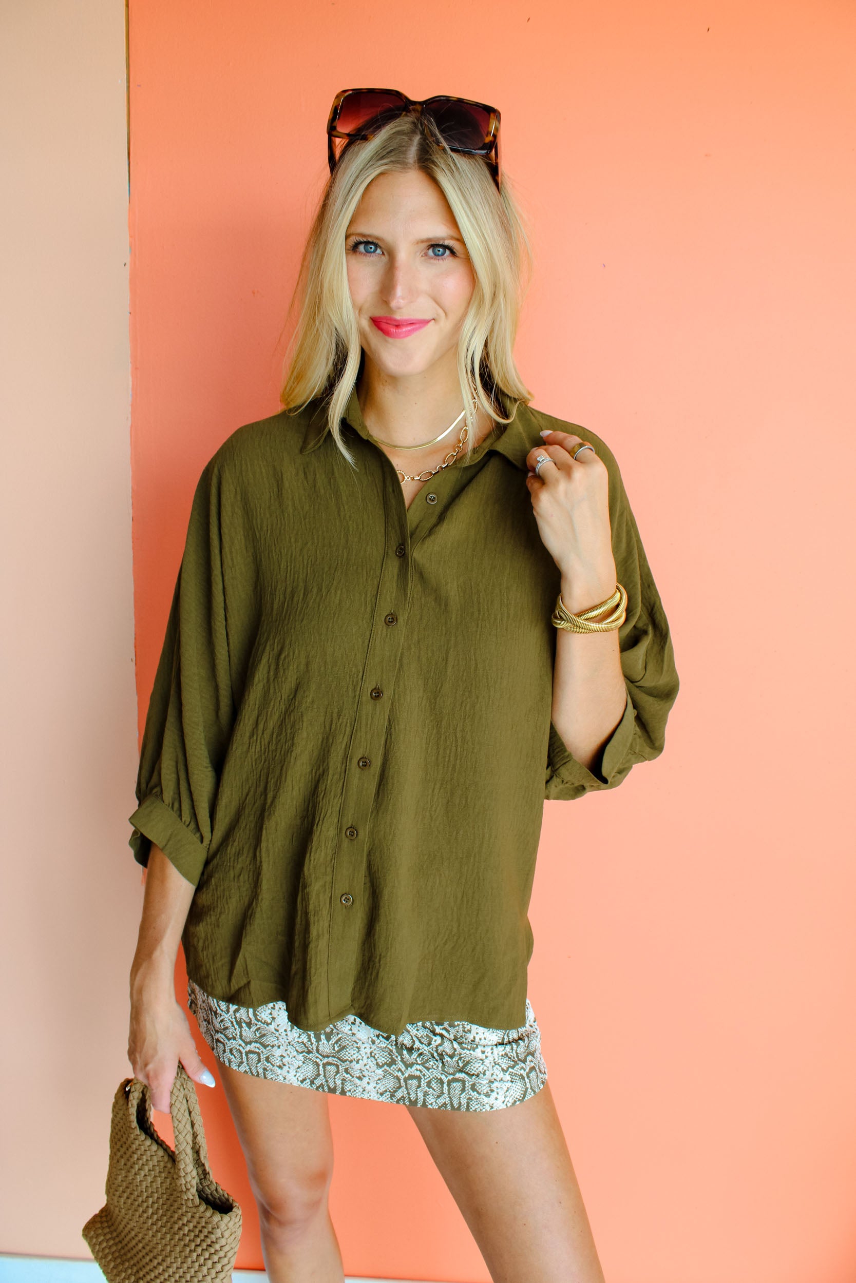 Camden Button Up Top - Moss Green