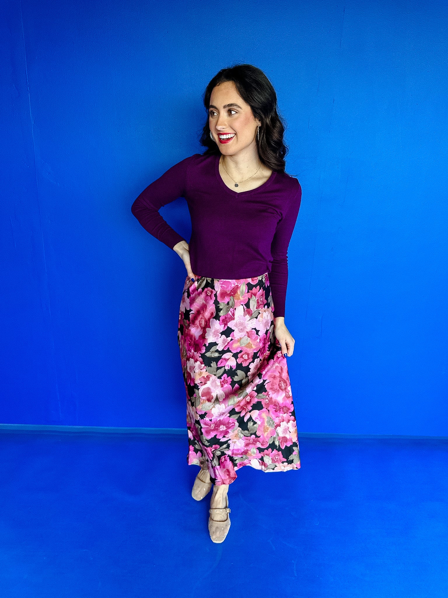 Georgina Floral Satin Skirt - Raspberry + Amethyst + Black