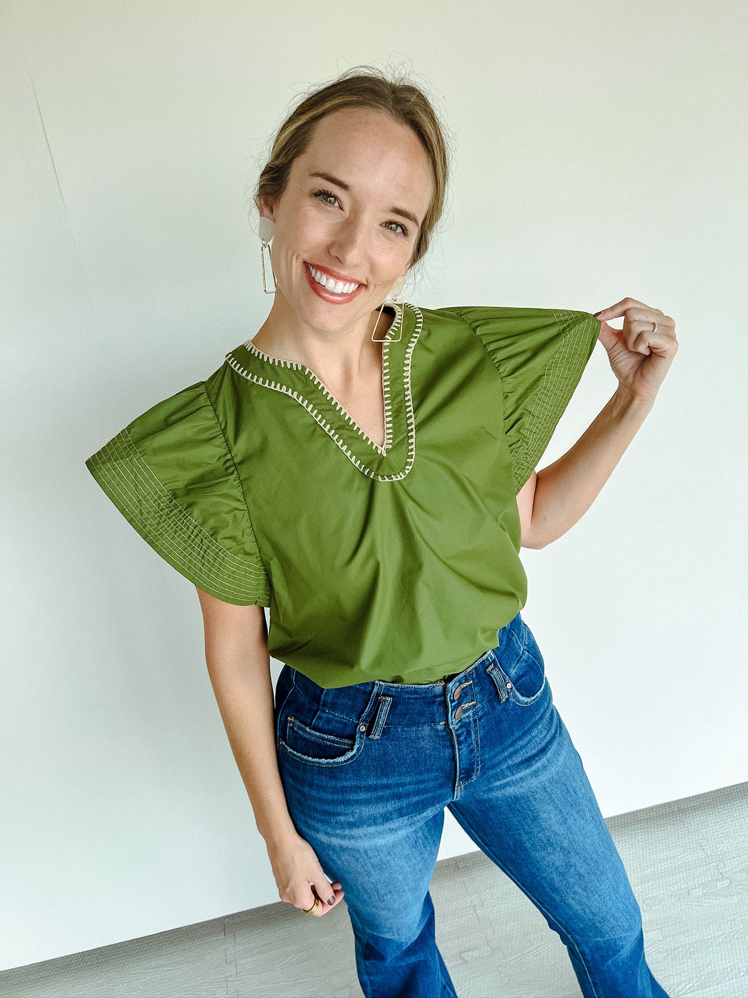 Janelle Ruffle Sleeve Blouse - Olive