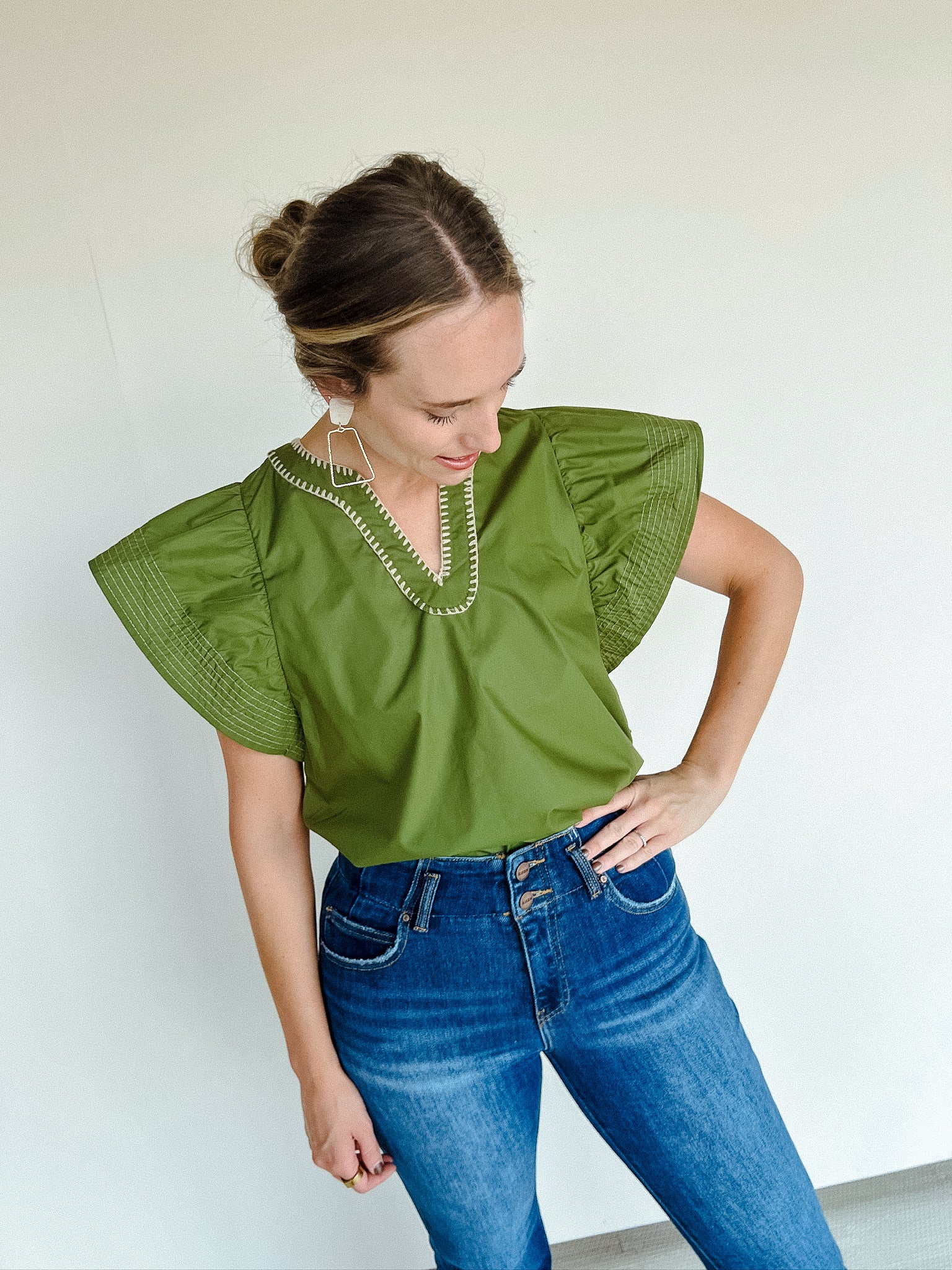 Janelle Ruffle Sleeve Blouse - Olive