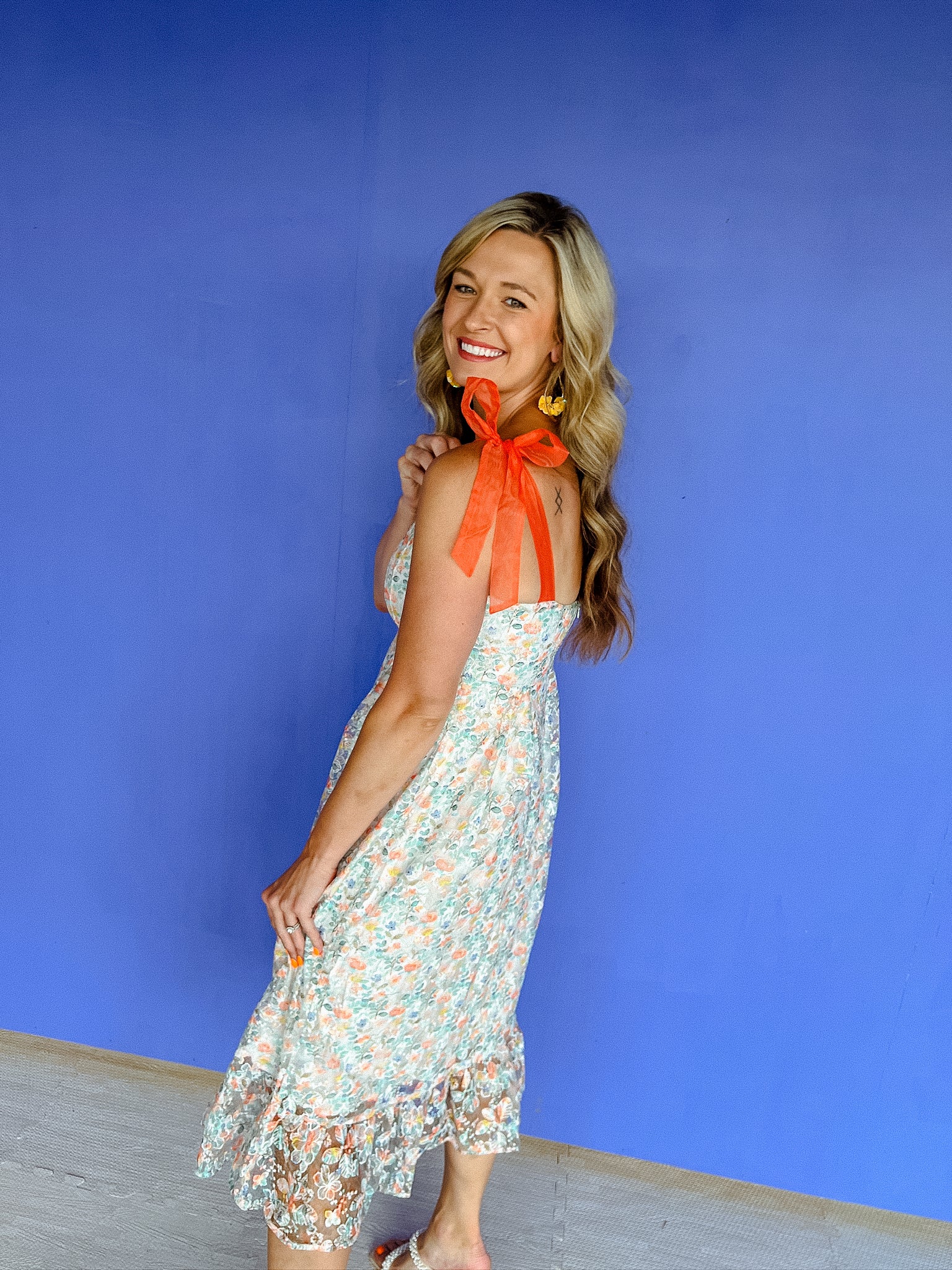 Justine Midi Dress - Cream + Heliotrope + Orange