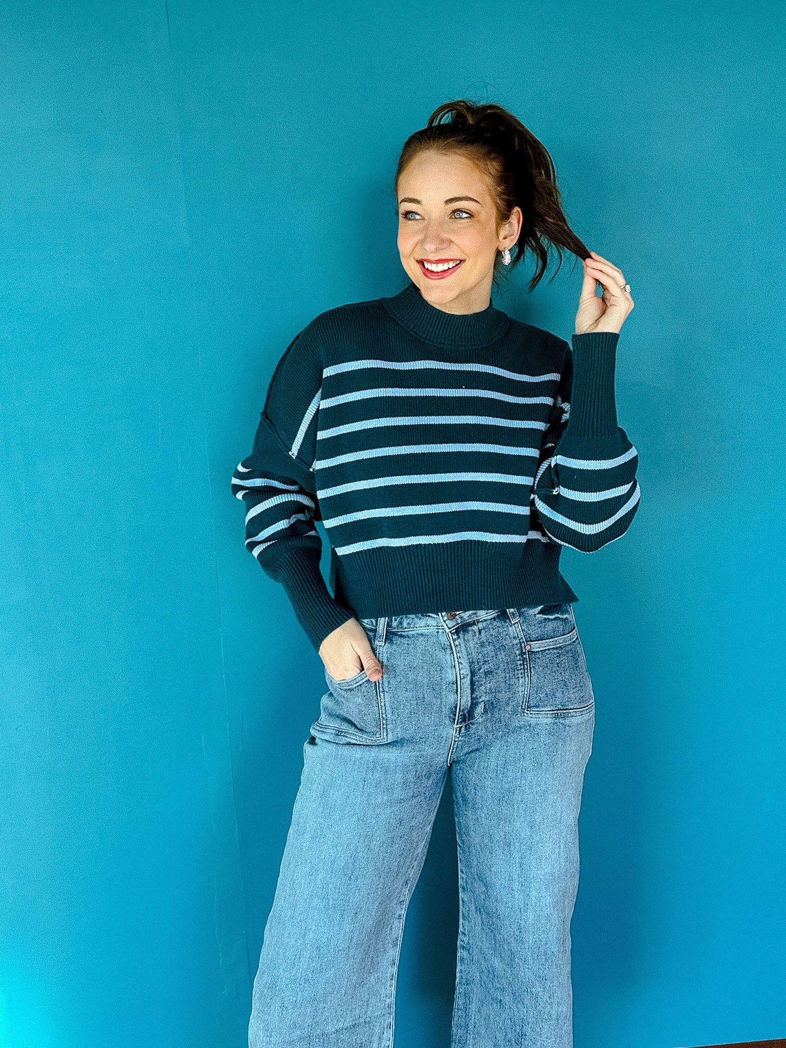 Scotty Striped Cropped Sweater - Sky Blue + Dark Teal