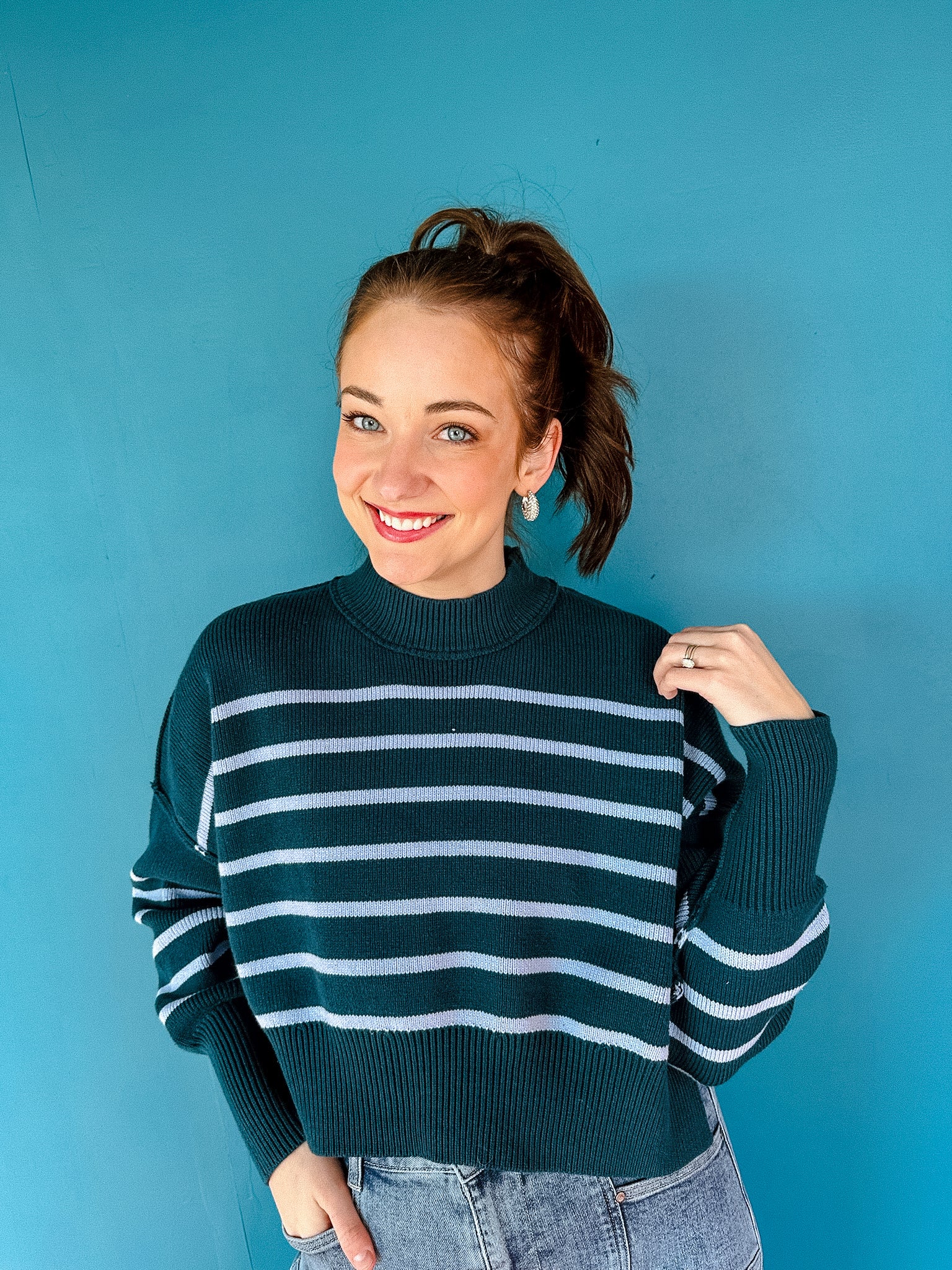 Scotty Striped Cropped Sweater - Sky Blue + Dark Teal