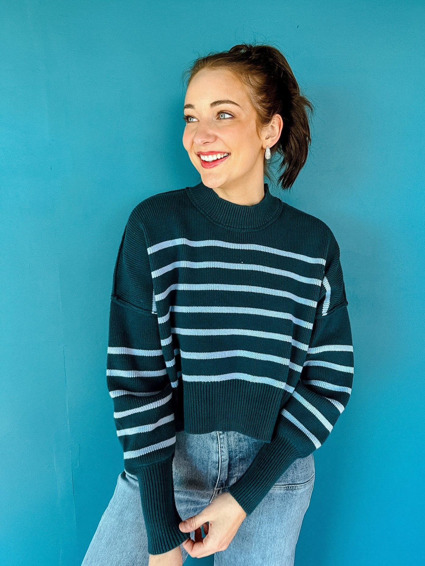 Scotty Striped Cropped Sweater - Sky Blue + Dark Teal