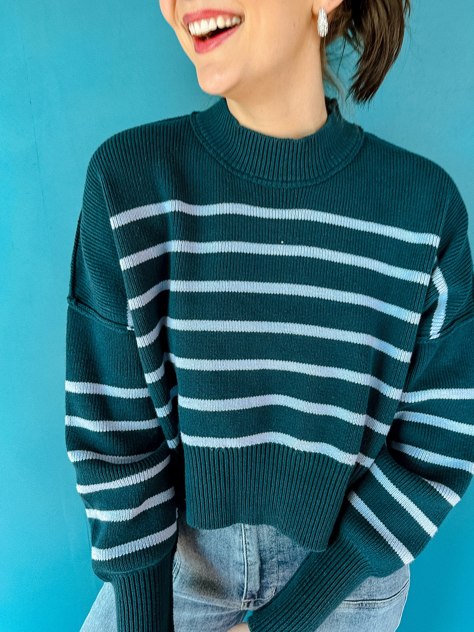 Scotty Striped Cropped Sweater - Sky Blue + Dark Teal