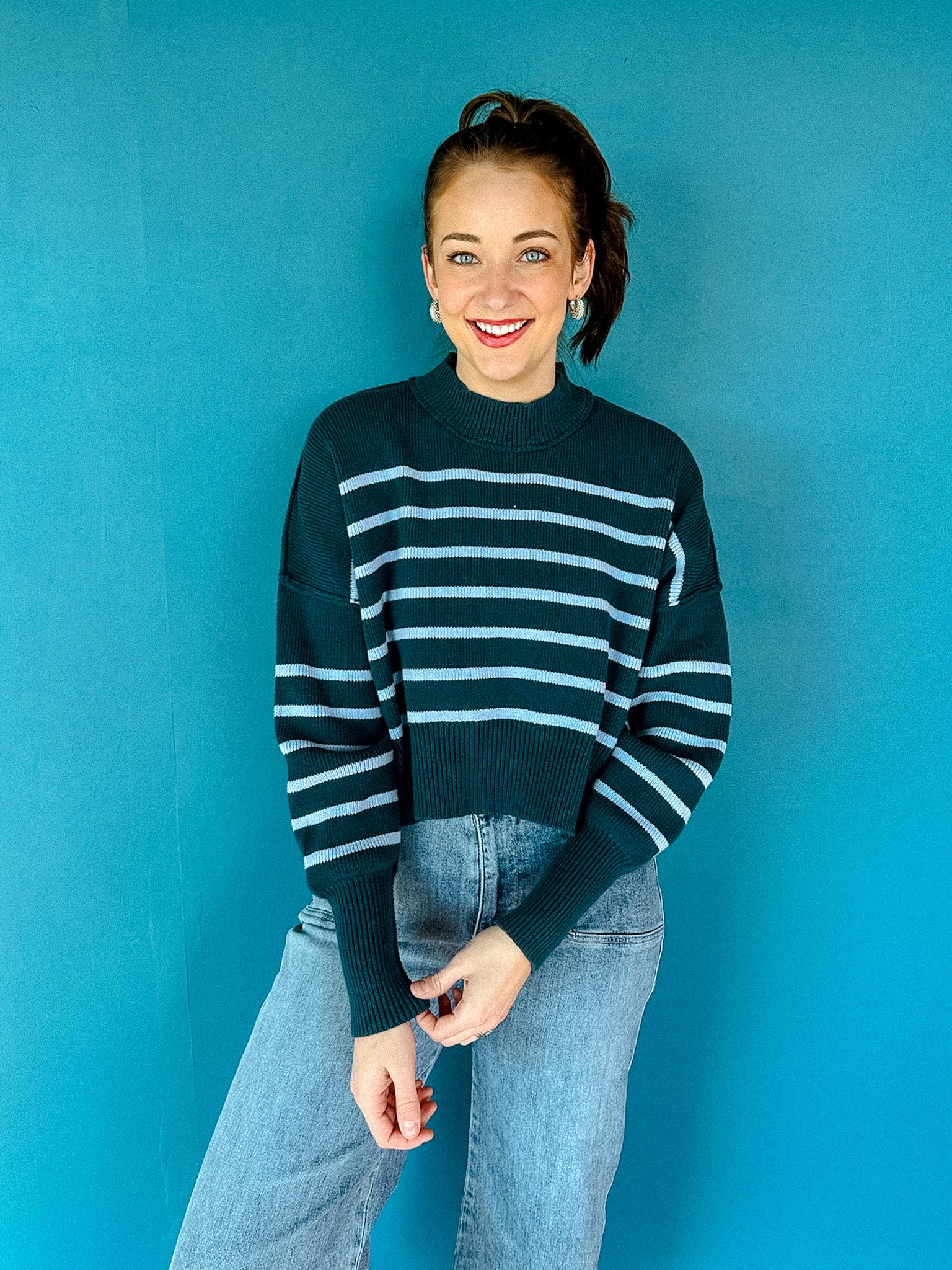 Scotty Striped Cropped Sweater - Sky Blue + Dark Teal