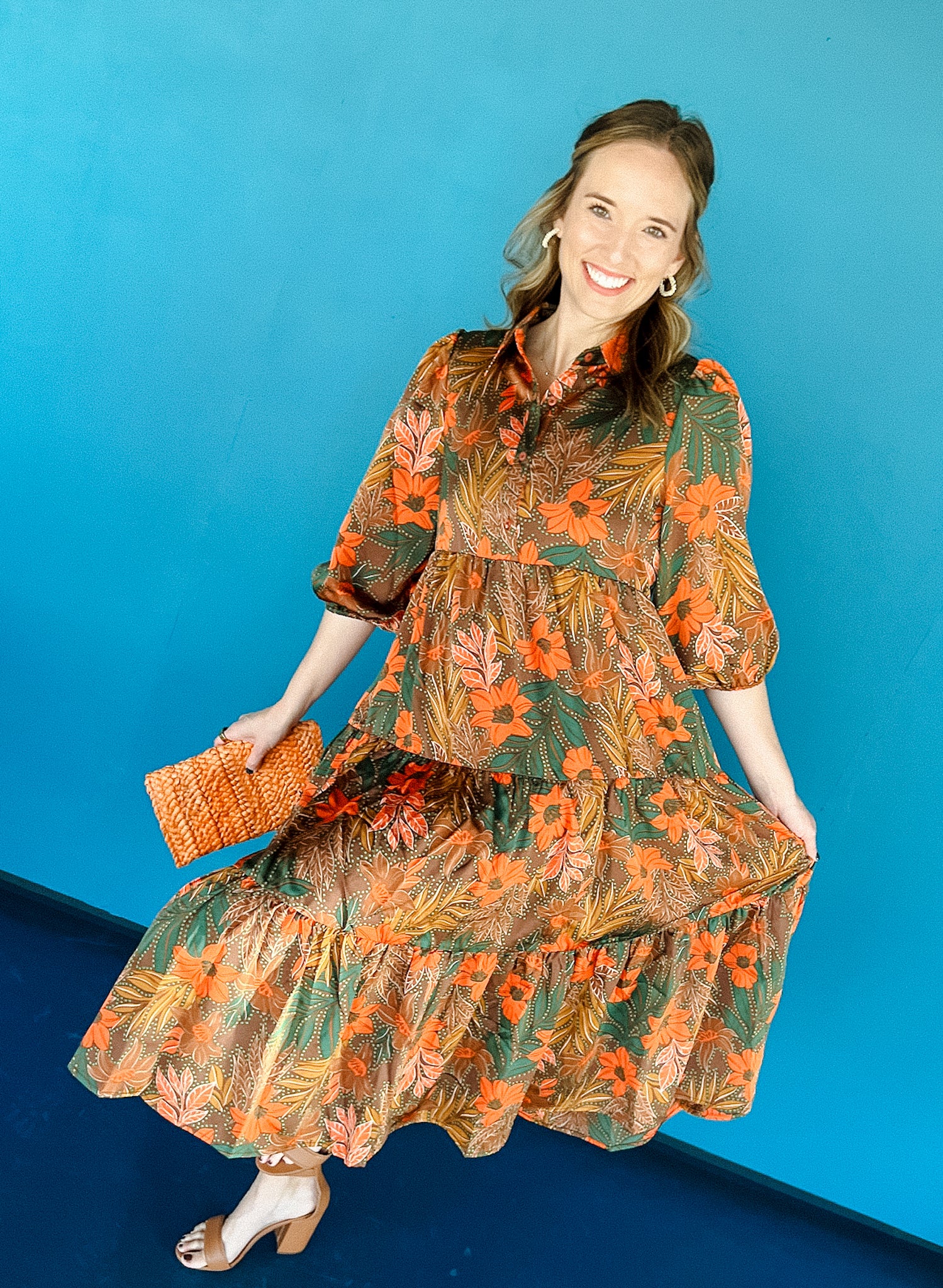 Sutton Collared Dress - Hunter Green + Orange + Coffee + Grass