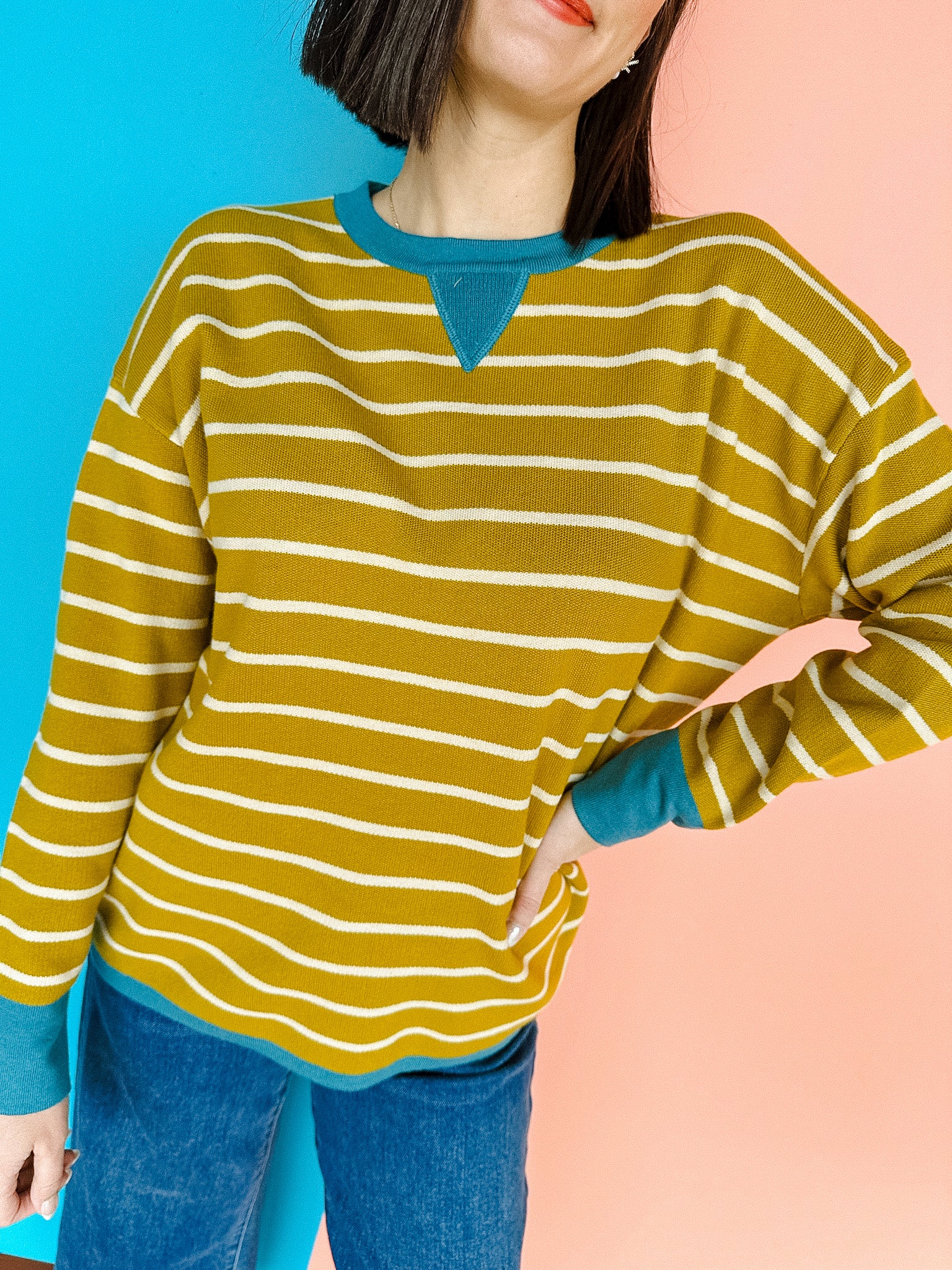 Odette Oversized Striped Sweater - Olive + Teal