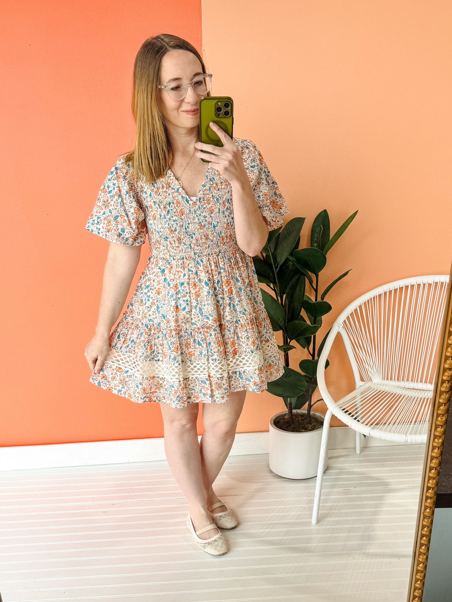 Veta V-Neck Tunic/Dress - Cream + Teal + Orange