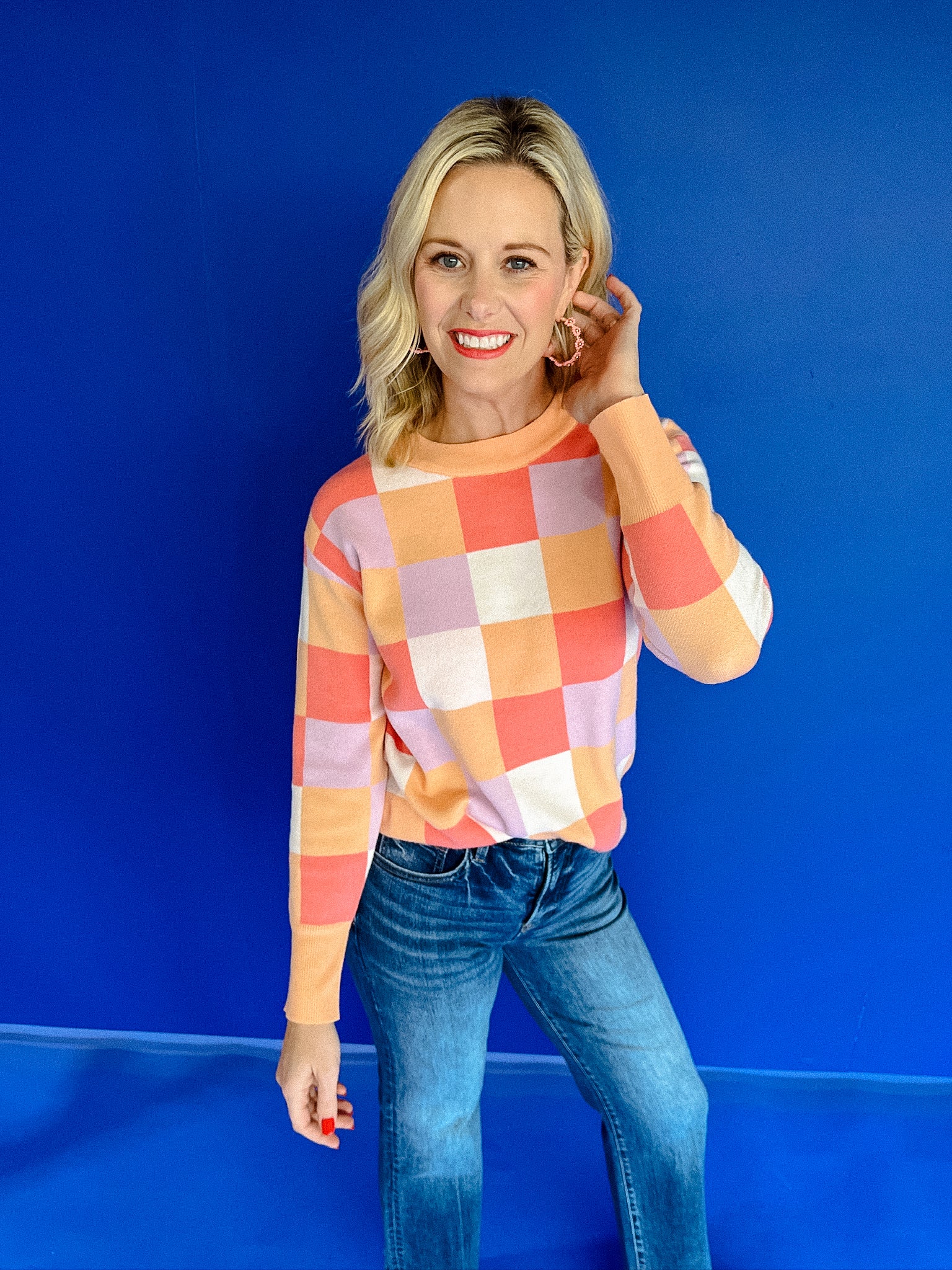 Zora Checkerboard Sweater - Tangerine + Coral + Mid Peach