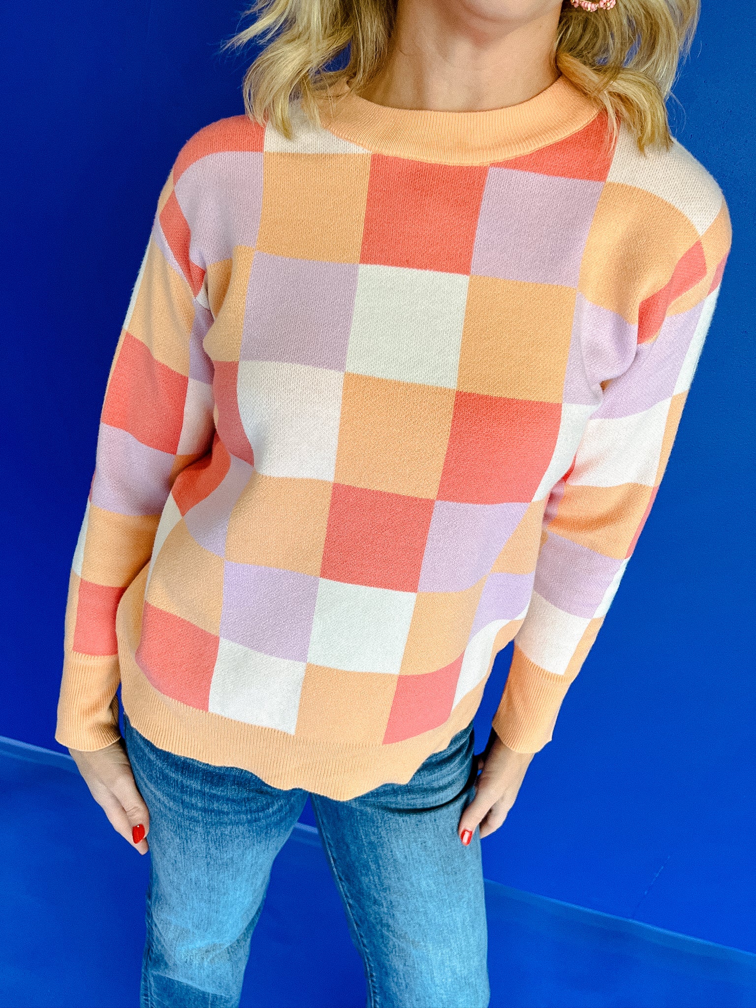 Zora Checkerboard Sweater - Tangerine + Coral + Mid Peach