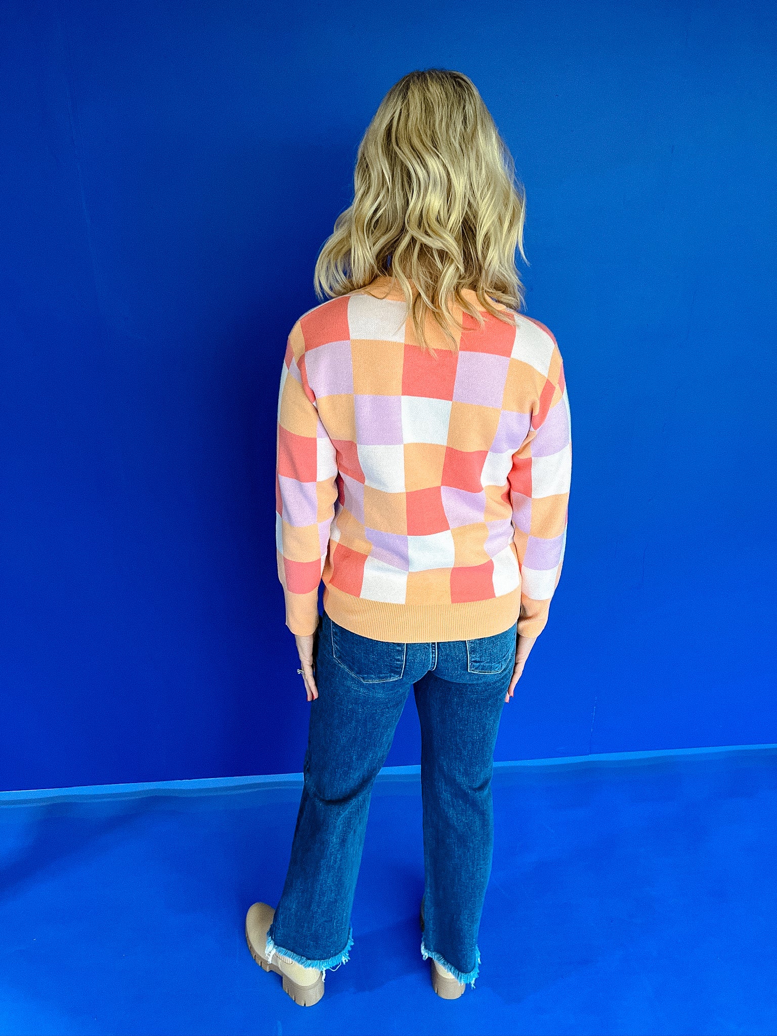 Zora Checkerboard Sweater - Tangerine + Coral + Mid Peach