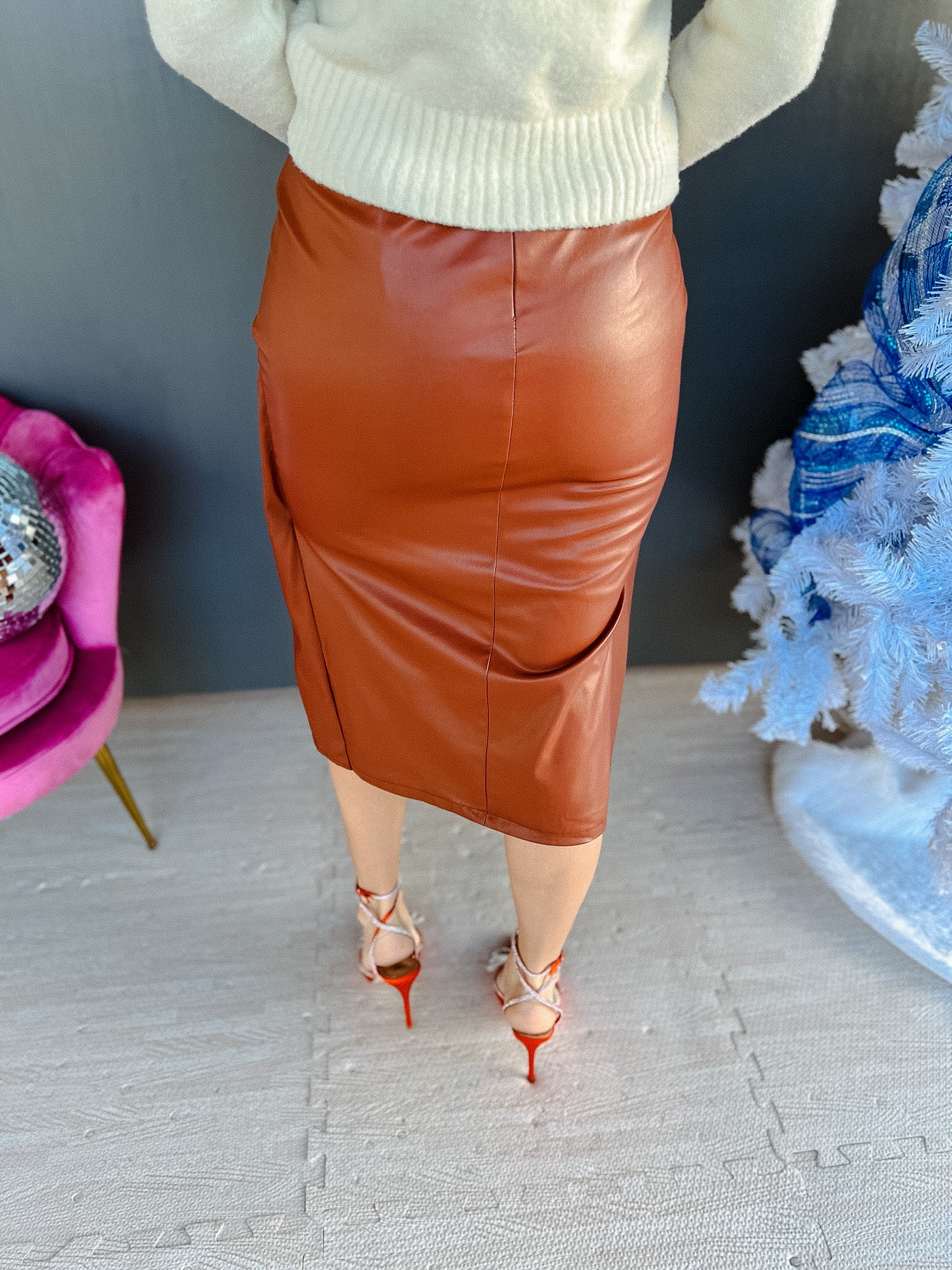 Troy Leather Midi Skirt - Chestnut