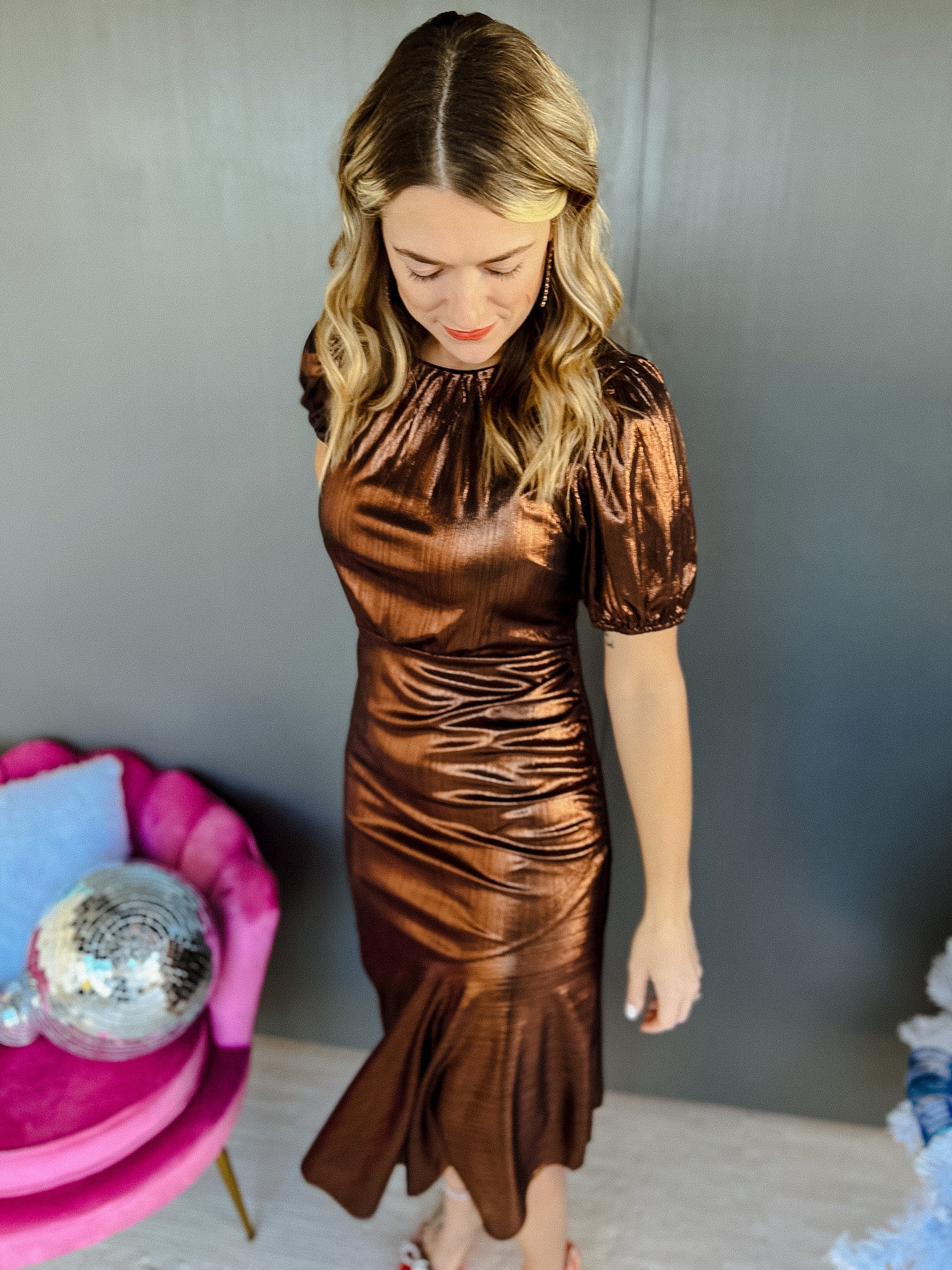 Rita Metallic Asymmetric Maxi Dress - Copper/Autumn Brown
