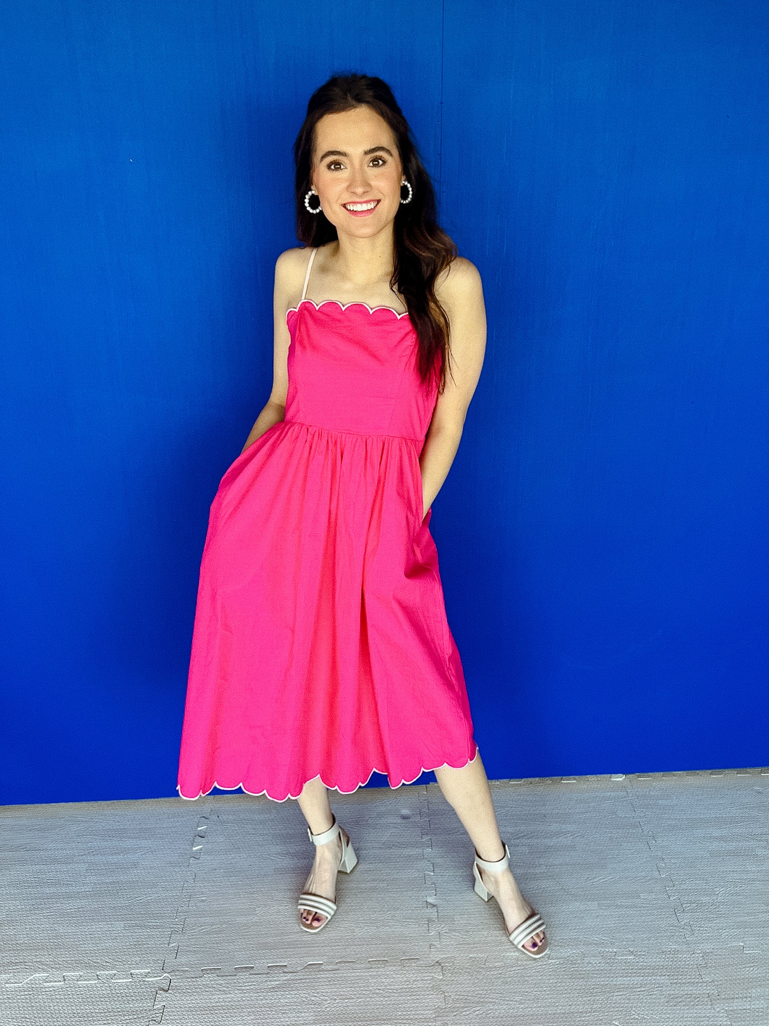 Monica Scalloped Midi Dress - Magenta + Ice Pink