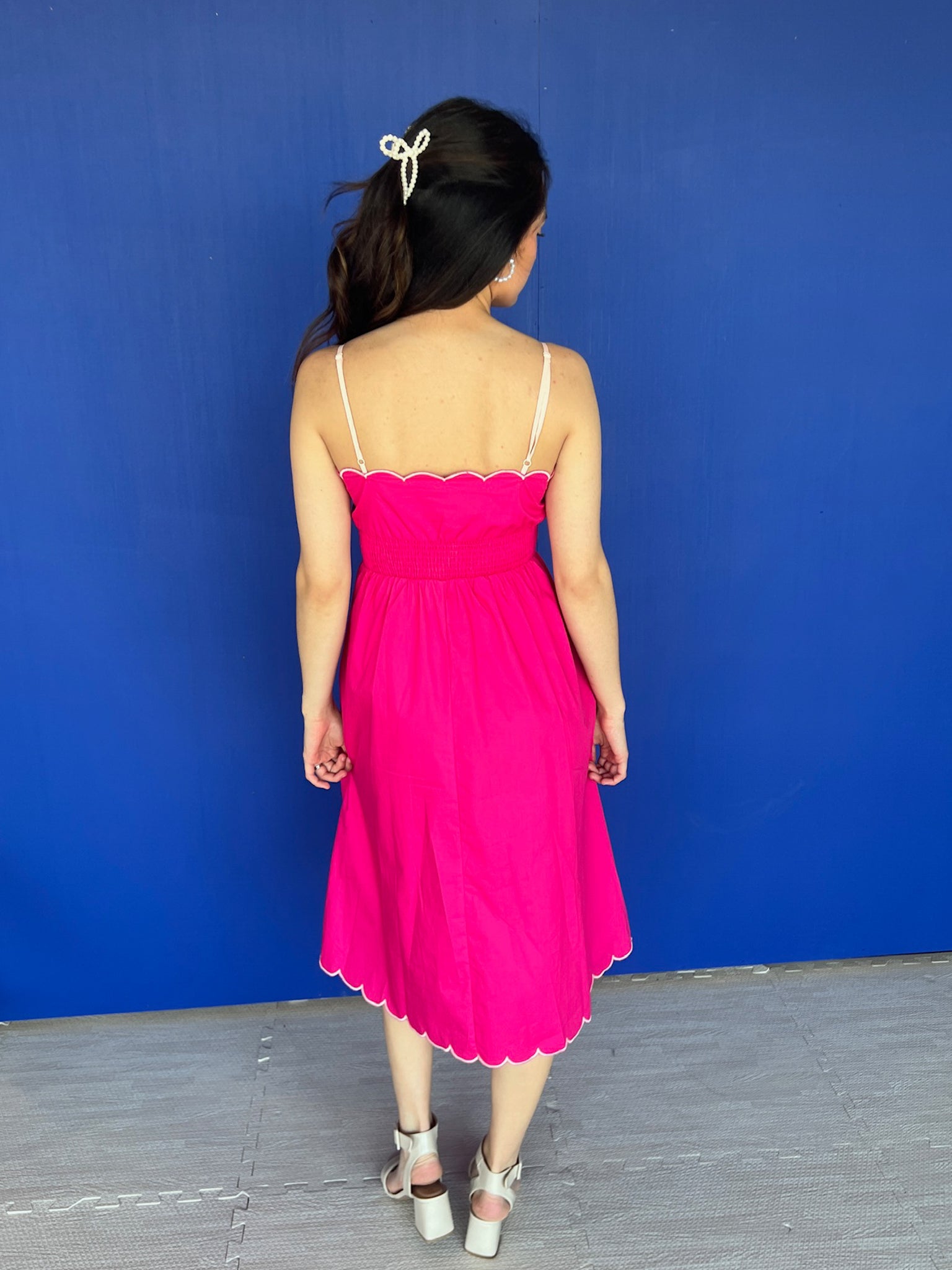 Monica Scalloped Midi Dress - Magenta + Ice Pink