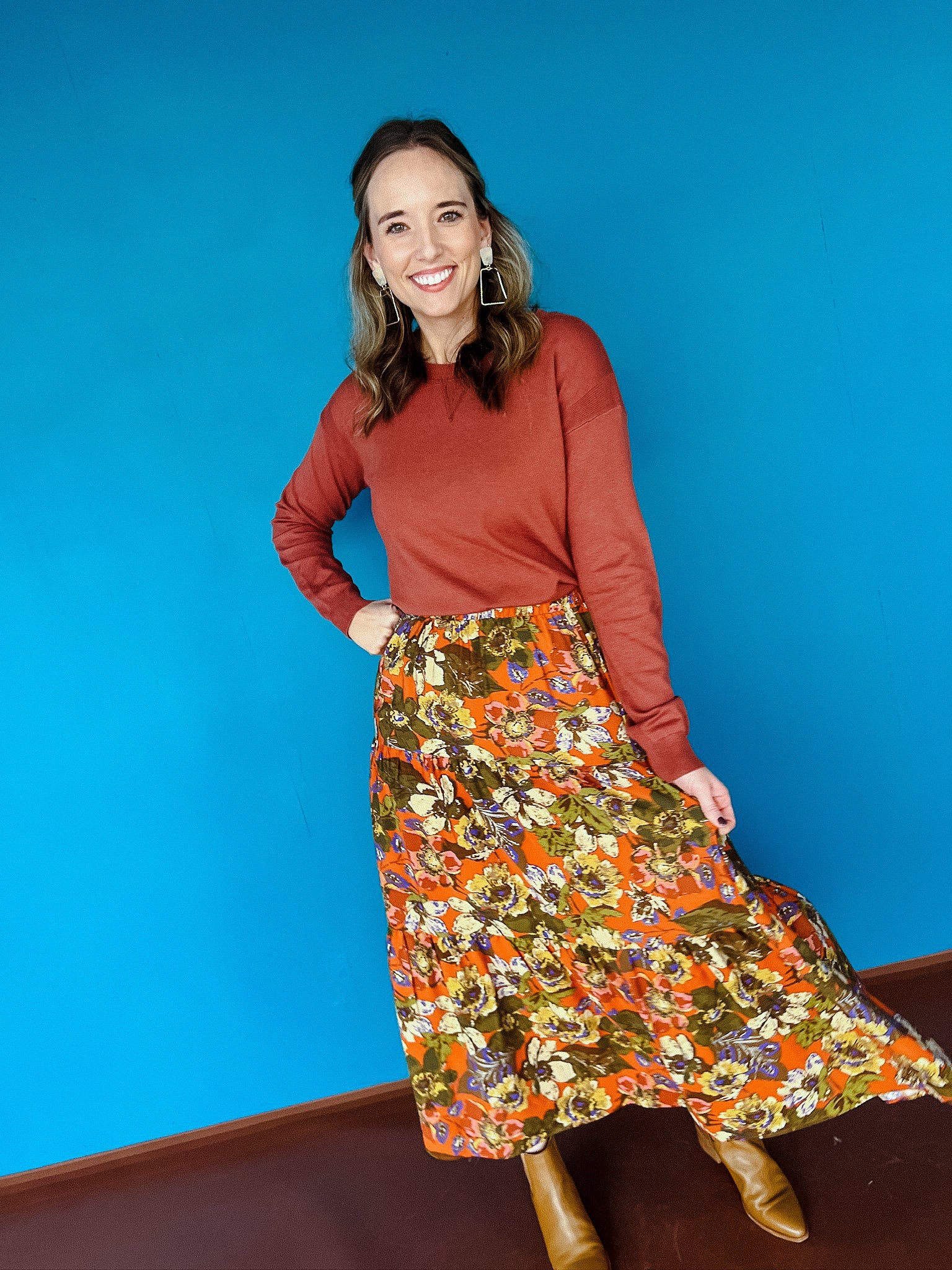 Arie Floral Tiered Skirt - Rust + Old Gold + Heliotrope + Olive