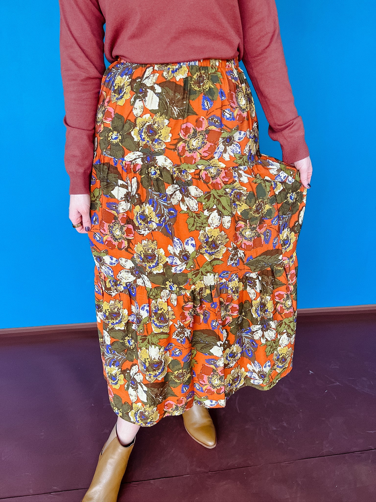 Arie Floral Tiered Skirt - Rust + Old Gold + Heliotrope + Olive