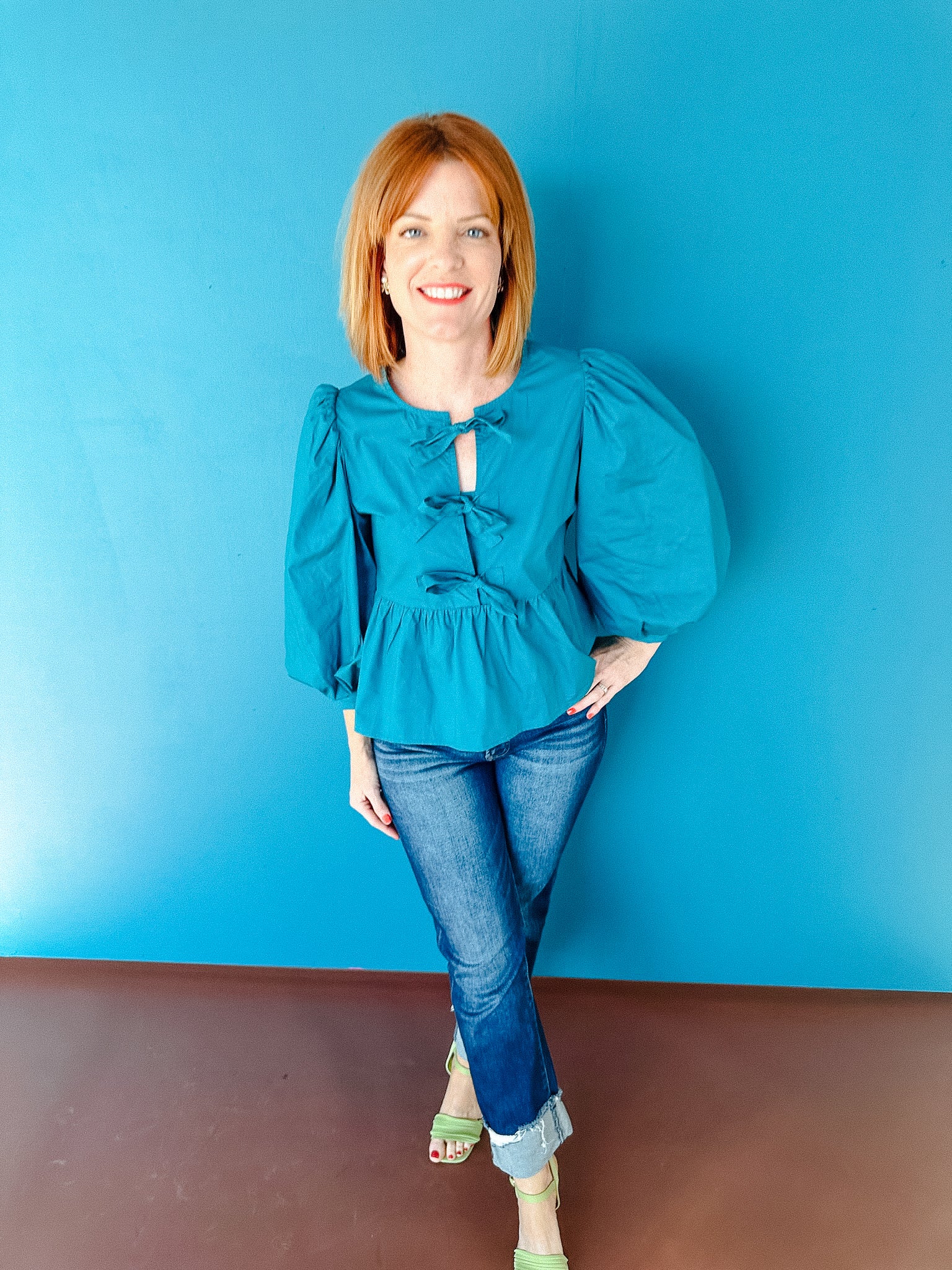 Jayma Balloon Sleeve Blouse - Kingfisher/Sea Green