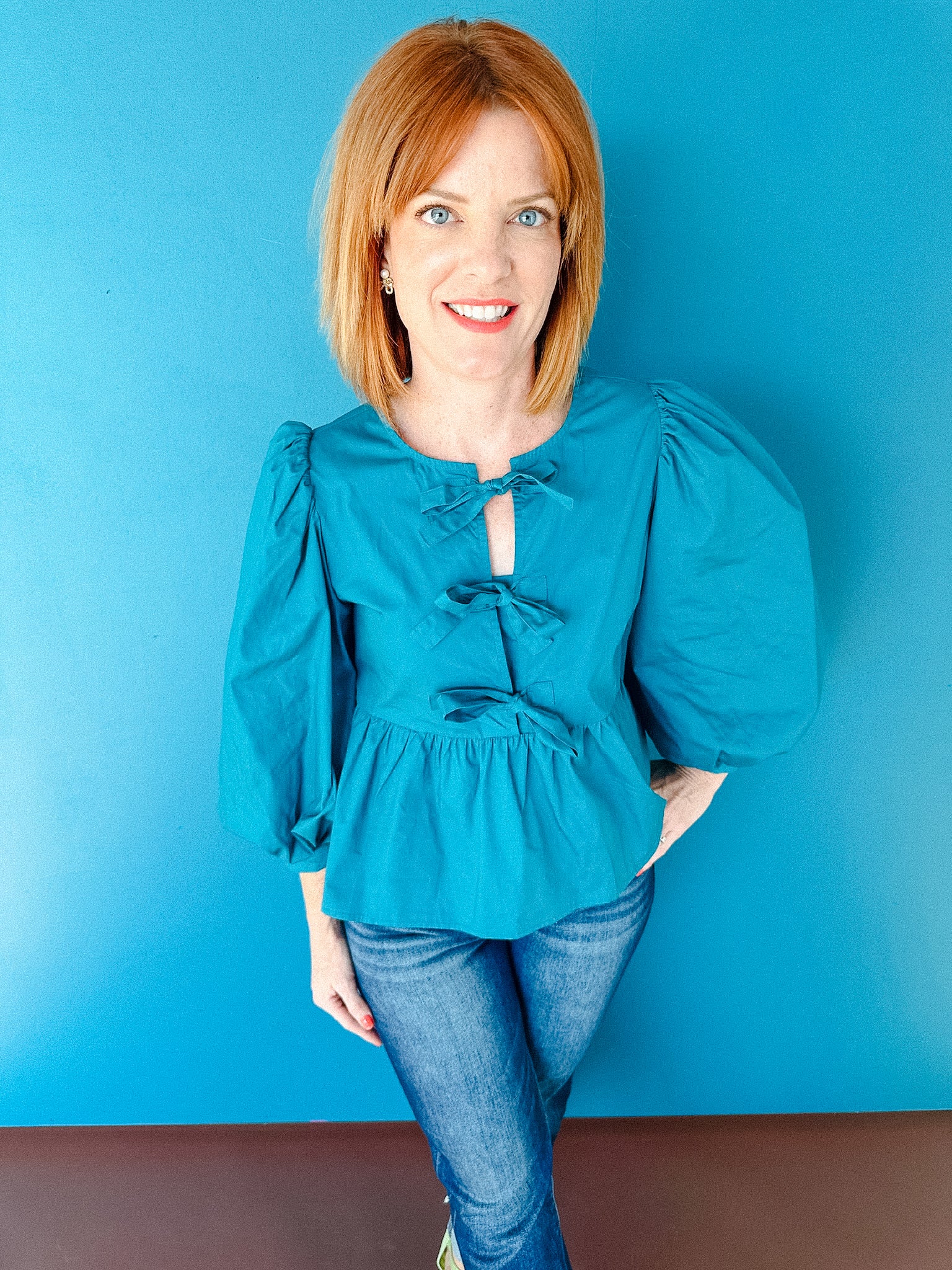 Jayma Balloon Sleeve Blouse - Kingfisher/Sea Green