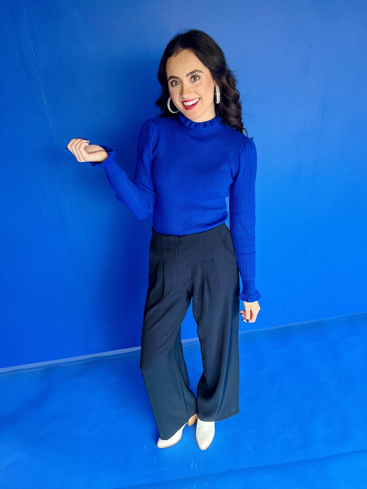 Rain Ribbed Ruffle Sweater - Bright Navy