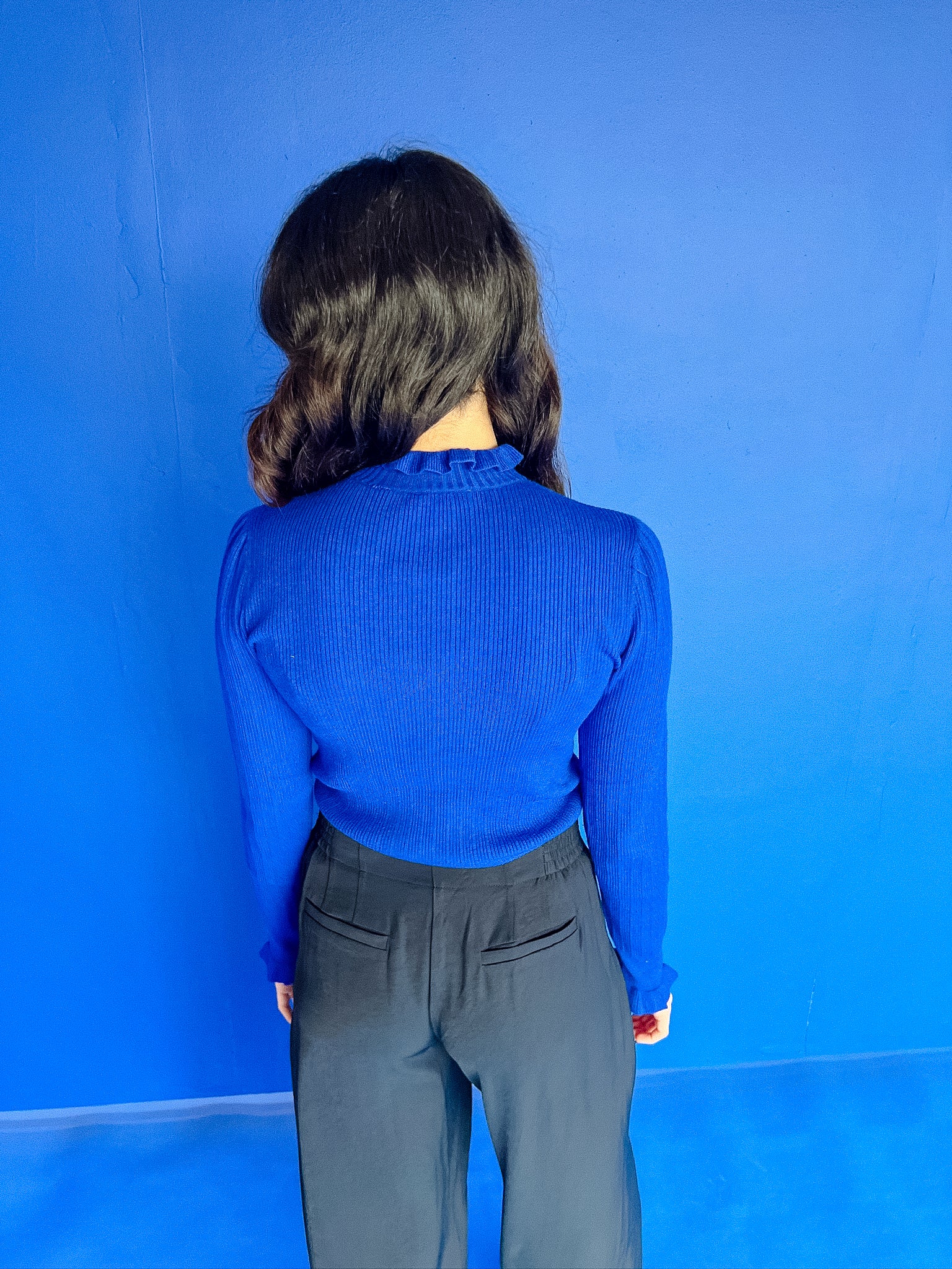 Rain Ribbed Ruffle Sweater - Bright Navy