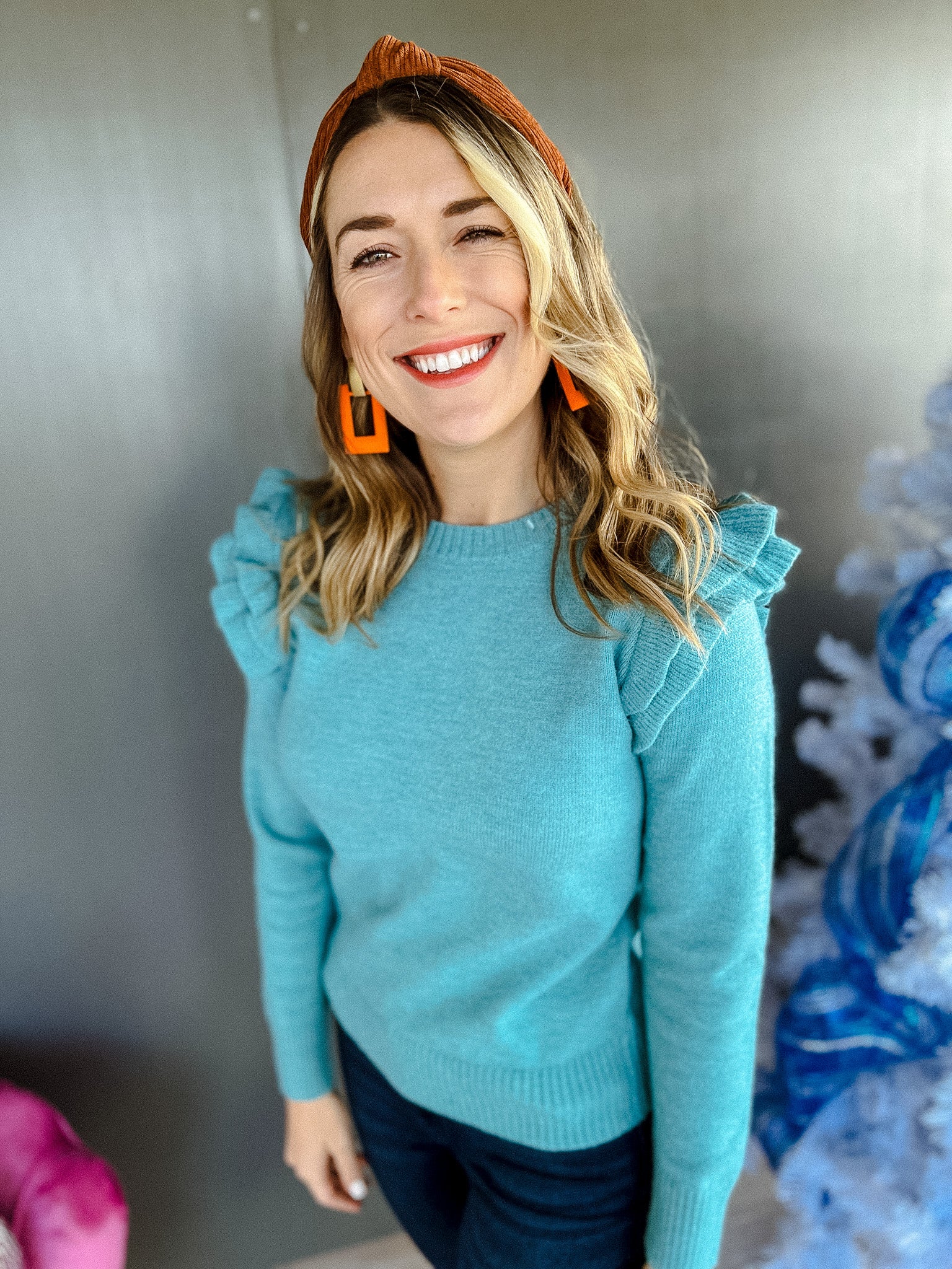 Stephanie Ruffle Sleeve Sweater - Peacock