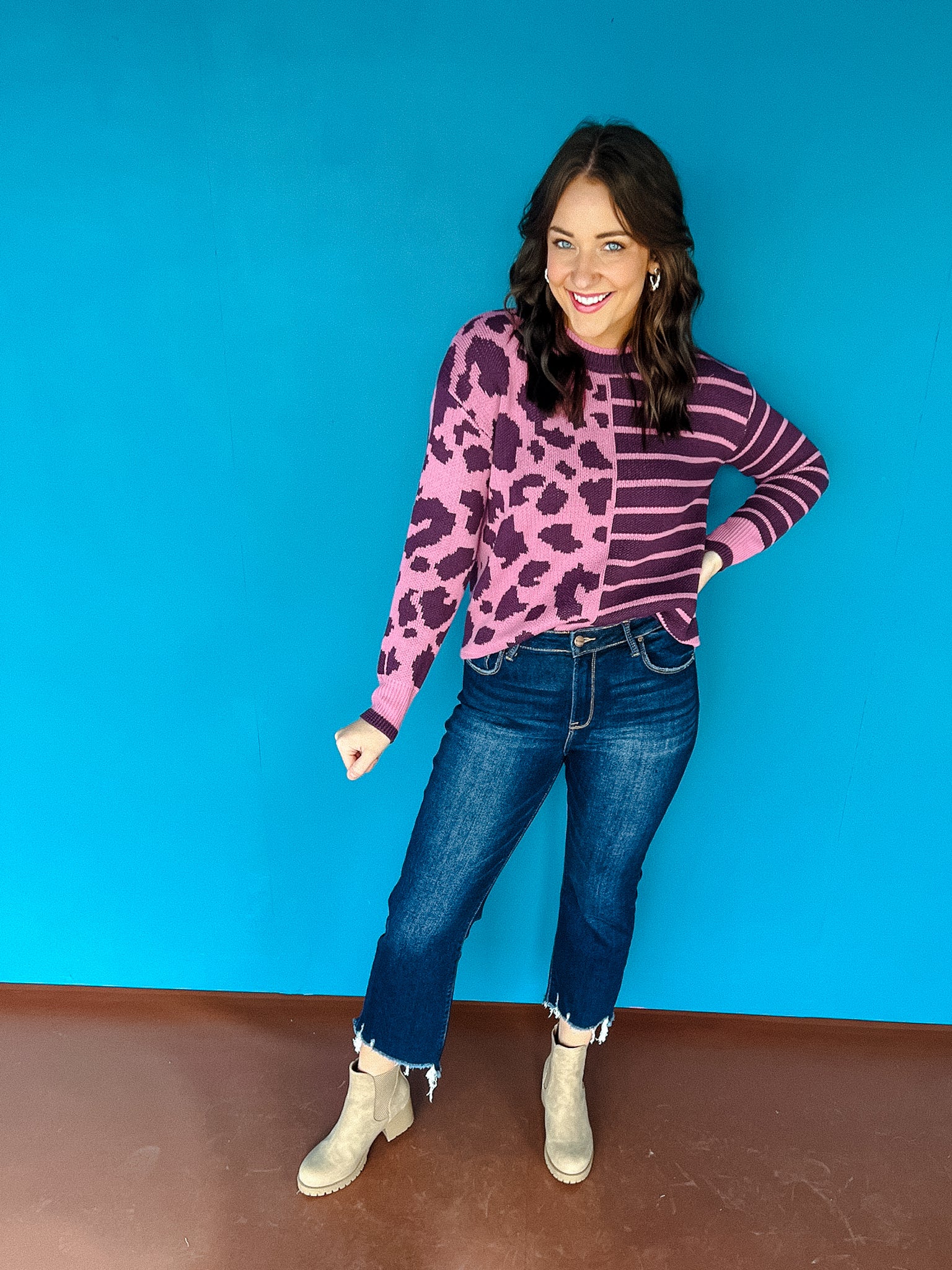 Moxie Leopard Colorblock Sweater - Smoked Grape + Clover