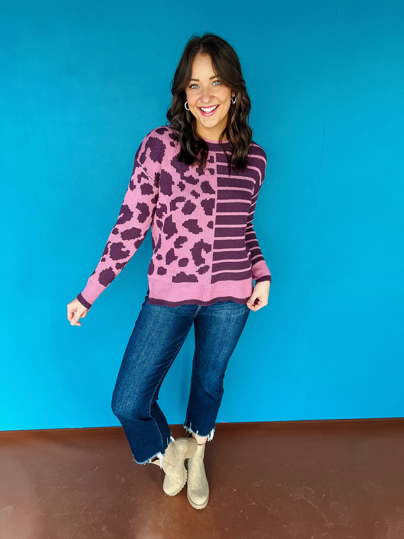 Moxie Leopard Colorblock Sweater - Smoked Grape + Clover