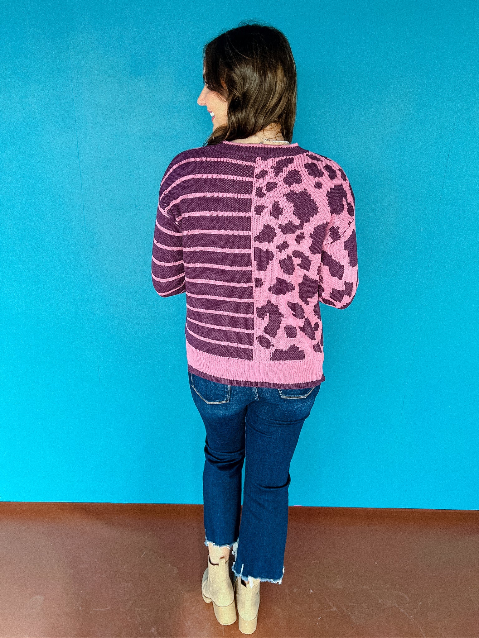 Moxie Leopard Colorblock Sweater - Smoked Grape + Clover