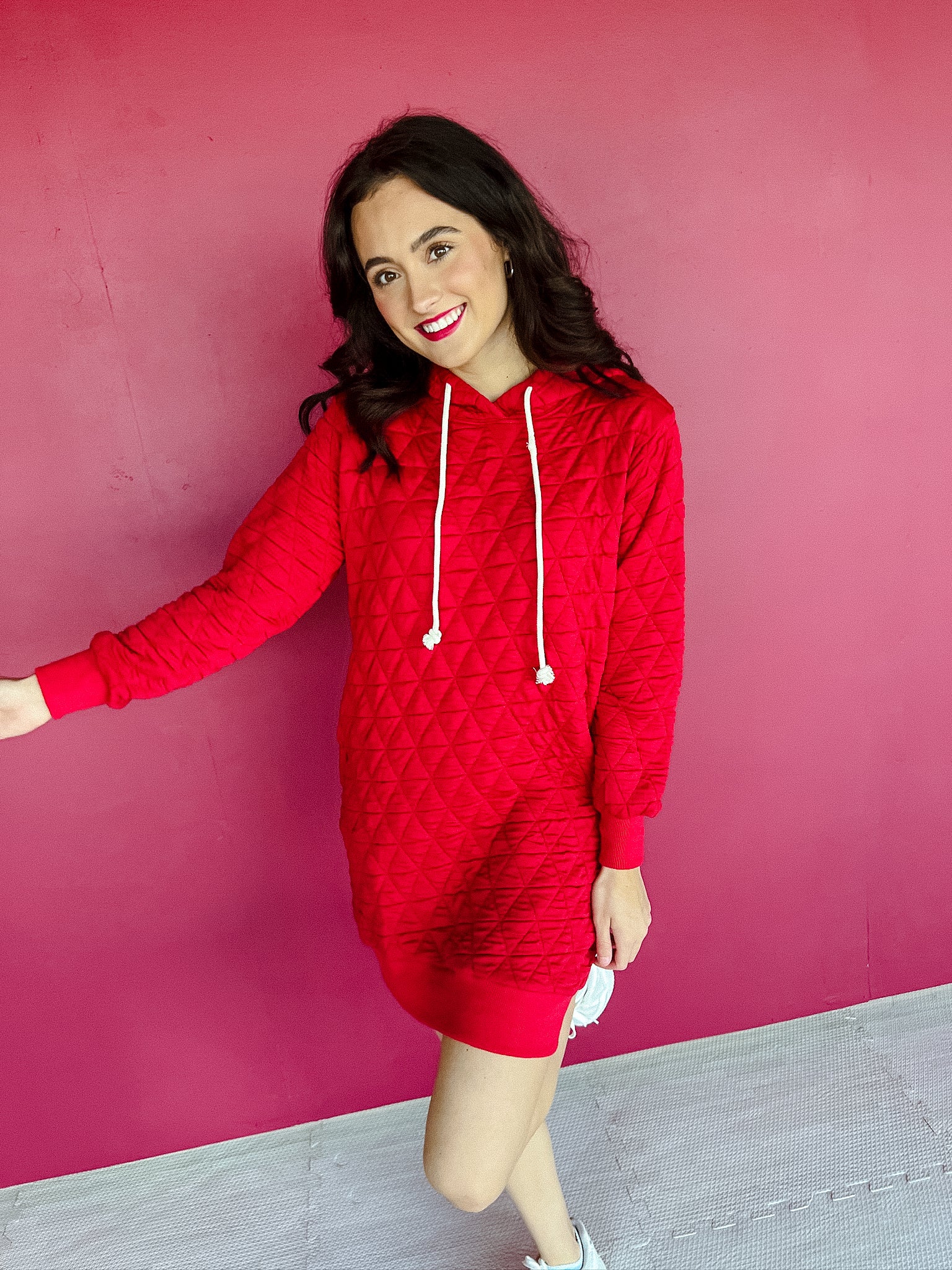 Gemeni Textured Hoodie Mini Dress - Cool Red