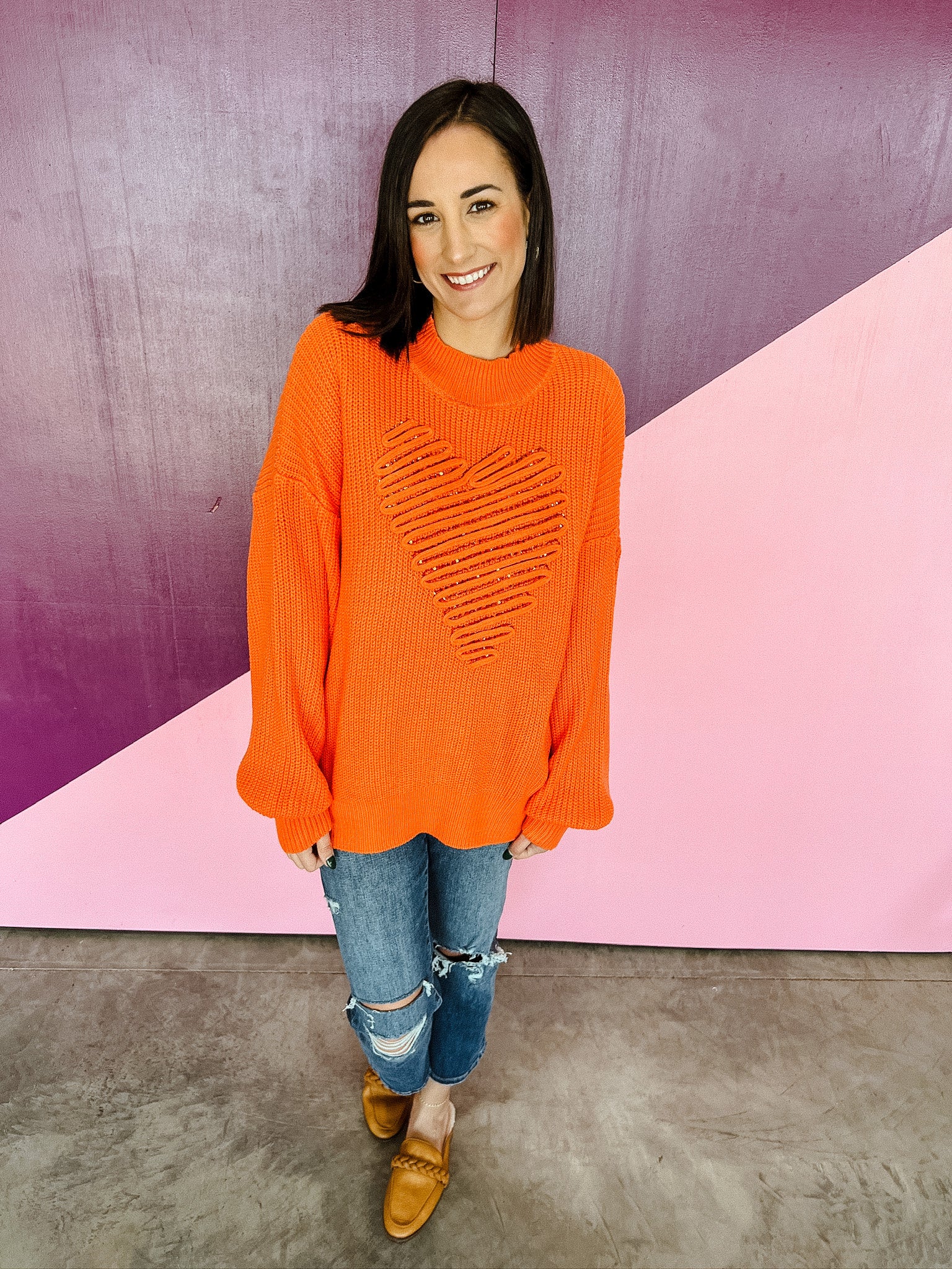 Megan Heart Sequin Sweater - Orange