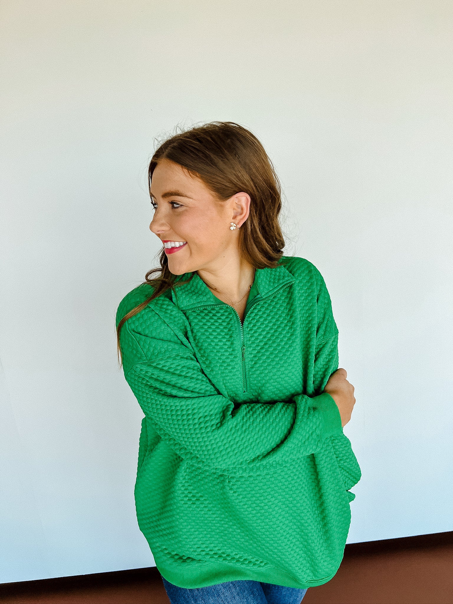 Tandie Zip Pullover Top - Leaf Green (Restocking Late October)