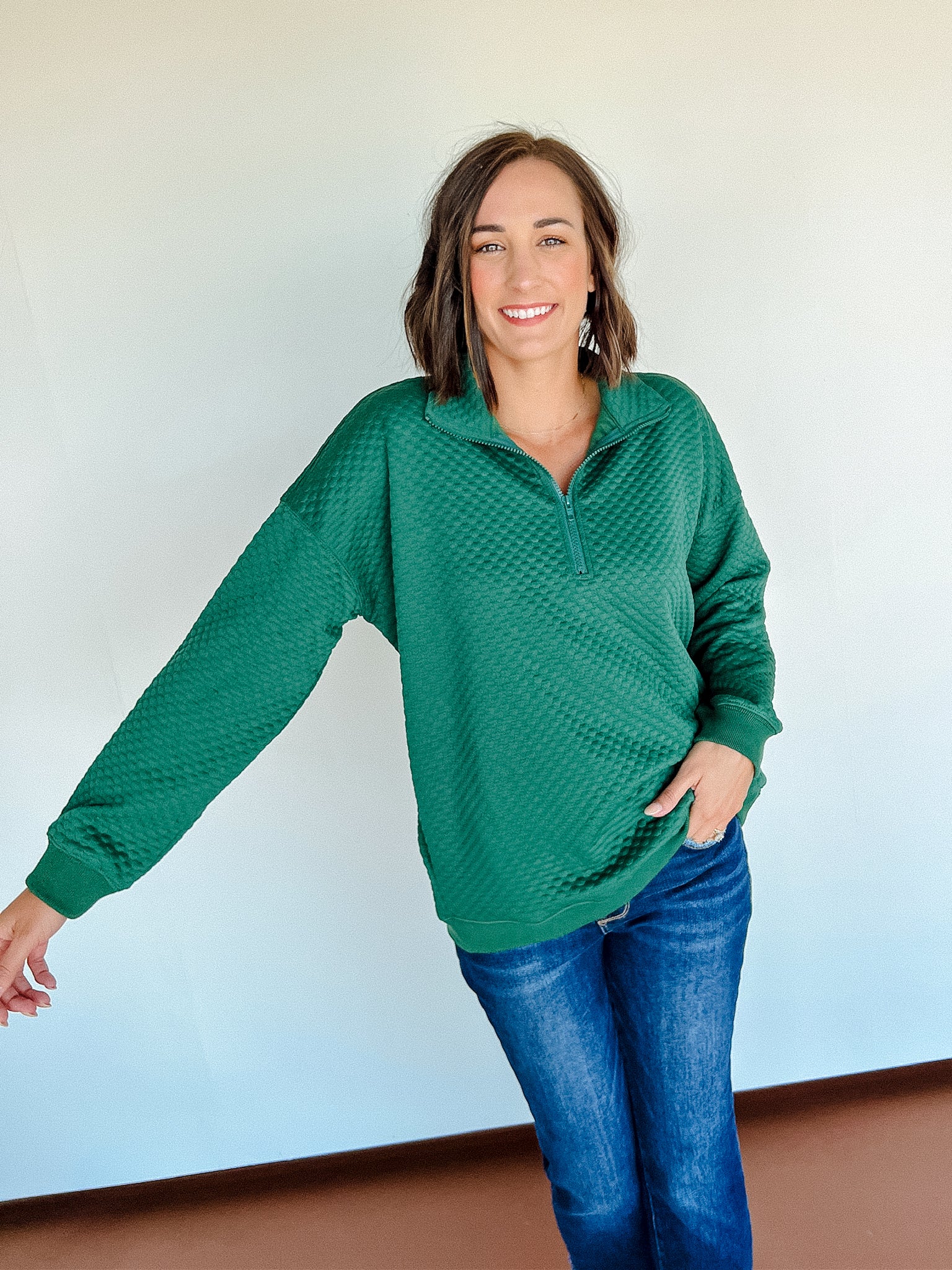 Tandie Zip Pullover Top - Pine/Forest Green