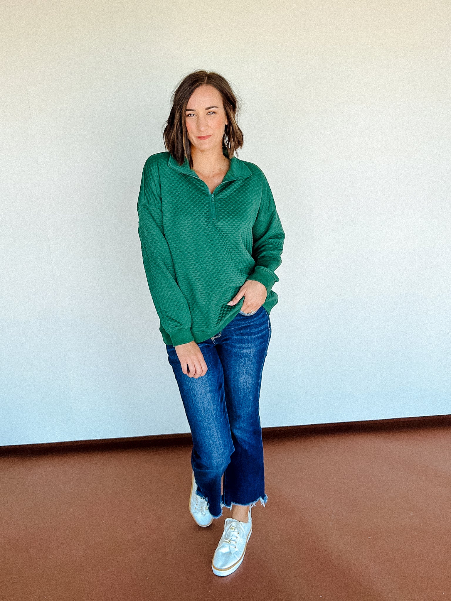 Tandie Zip Pullover Top - Pine/Forest Green