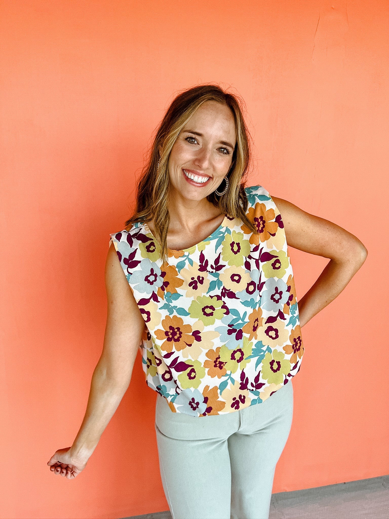 Amy Sleeveless Top - Moss + Tan + Peach + Ivory