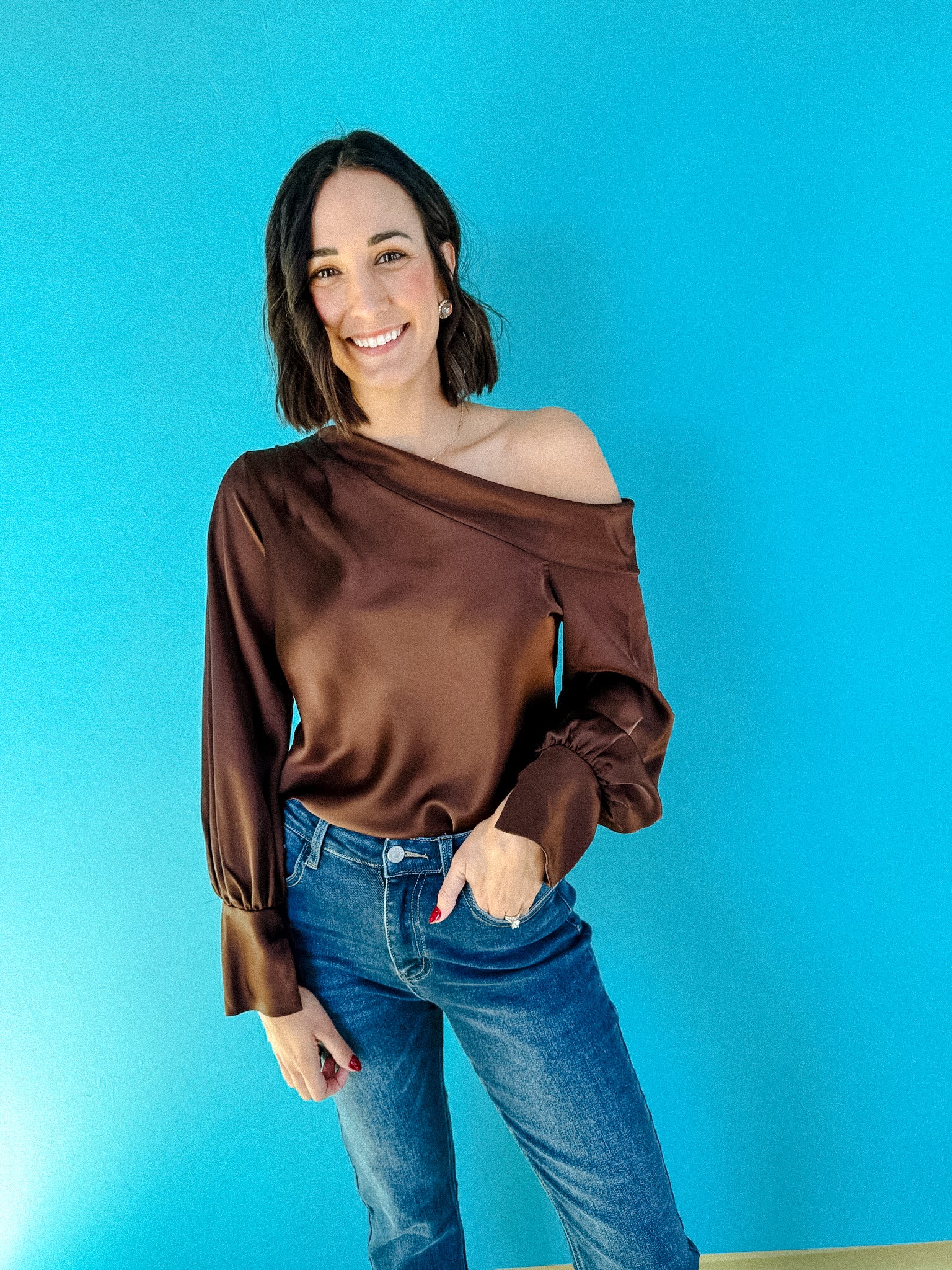 Shelby Drop Shoulder Satin Top - Dark Brown