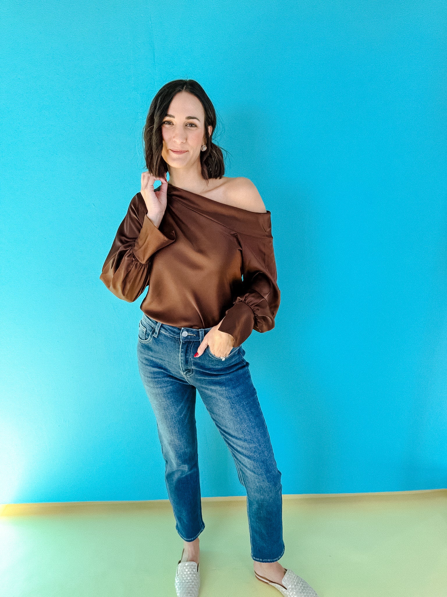 Shelby Drop Shoulder Satin Top - Dark Brown