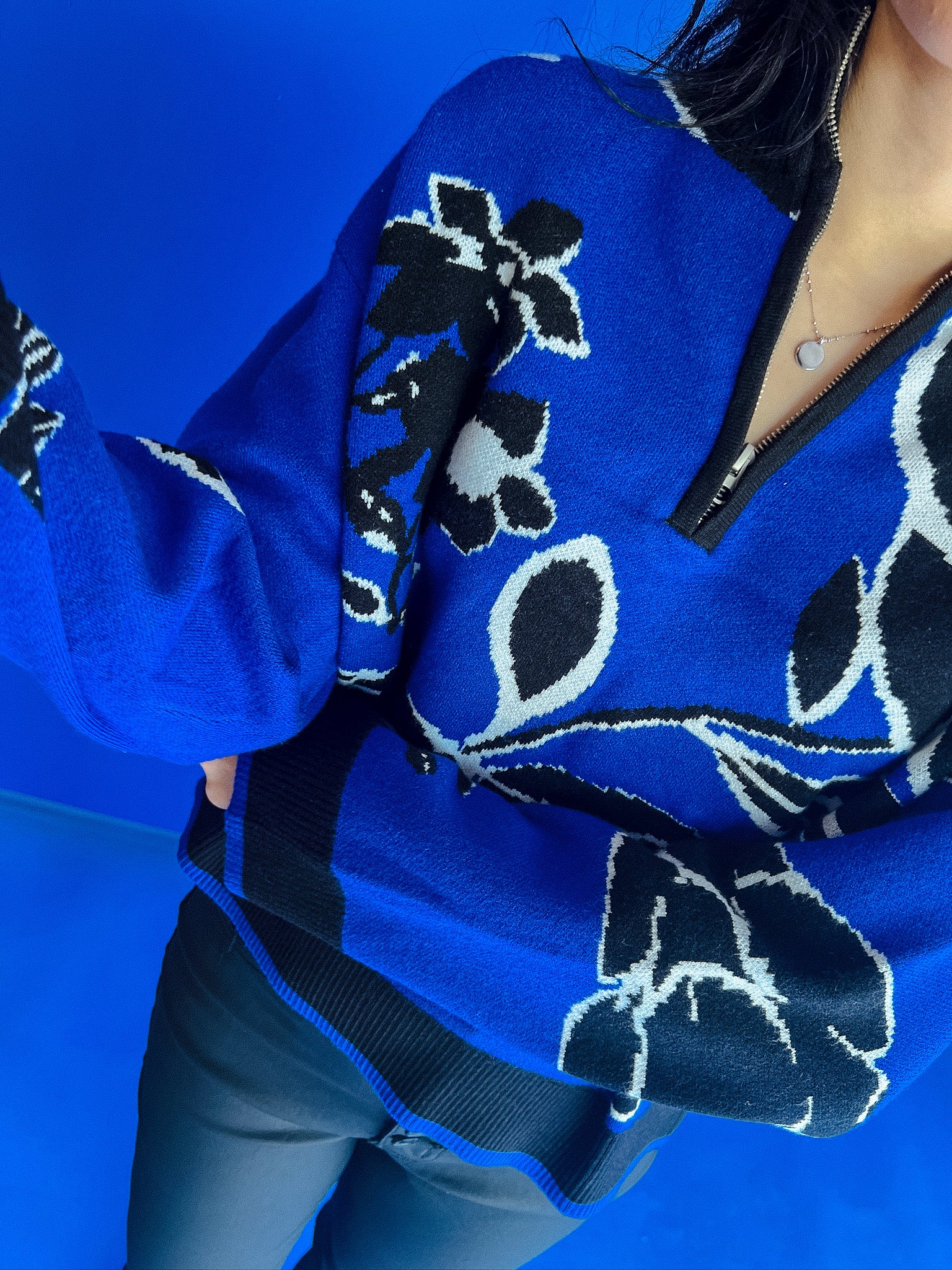 Blanche Floral Zip Up Sweater - Royal Blue + White + Black