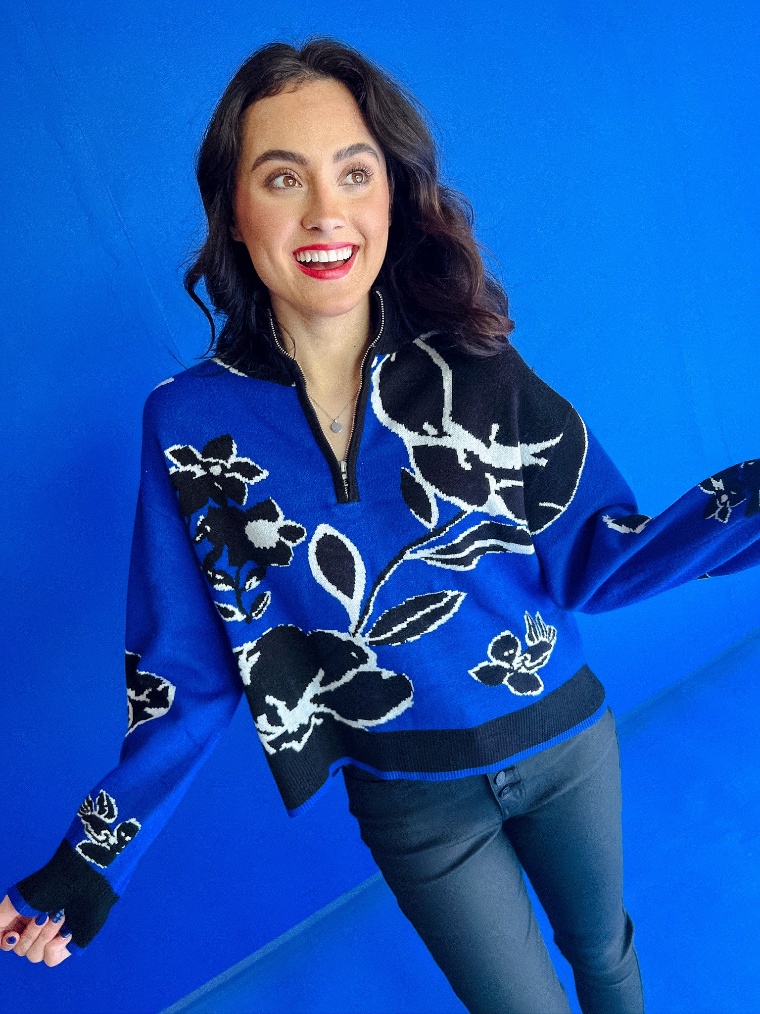 Blanche Floral Zip Up Sweater - Royal Blue + White + Black