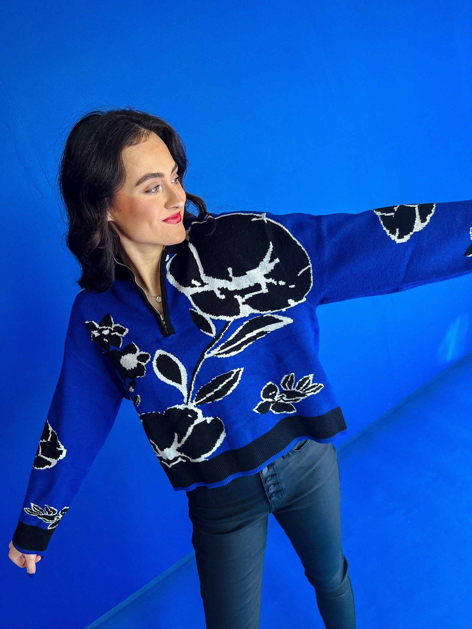 Blanche Floral Zip Up Sweater - Royal Blue + White + Black