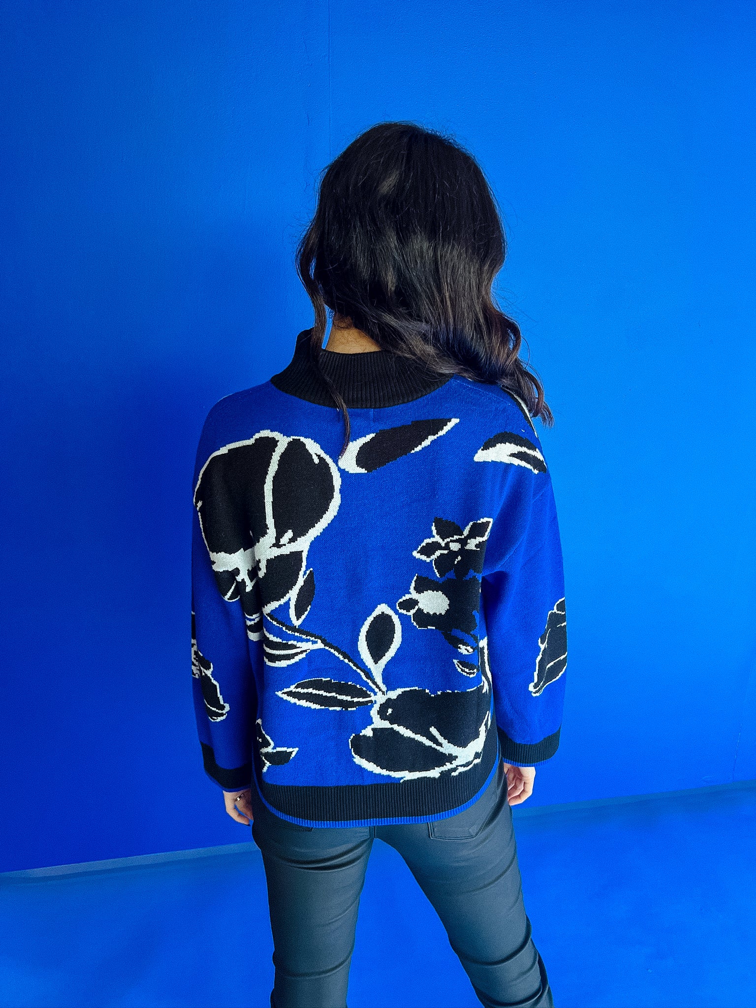 Blanche Floral Zip Up Sweater - Royal Blue + White + Black