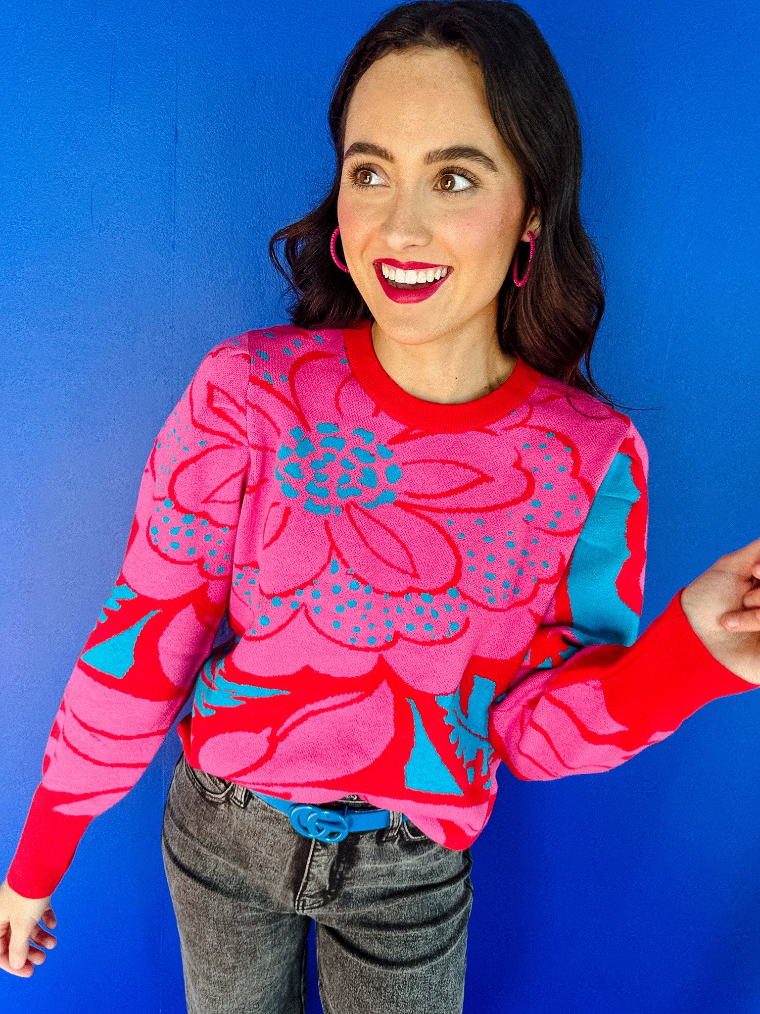 Zinnia Floral Sweater - Fuchsia + Turquiose + Scarlet