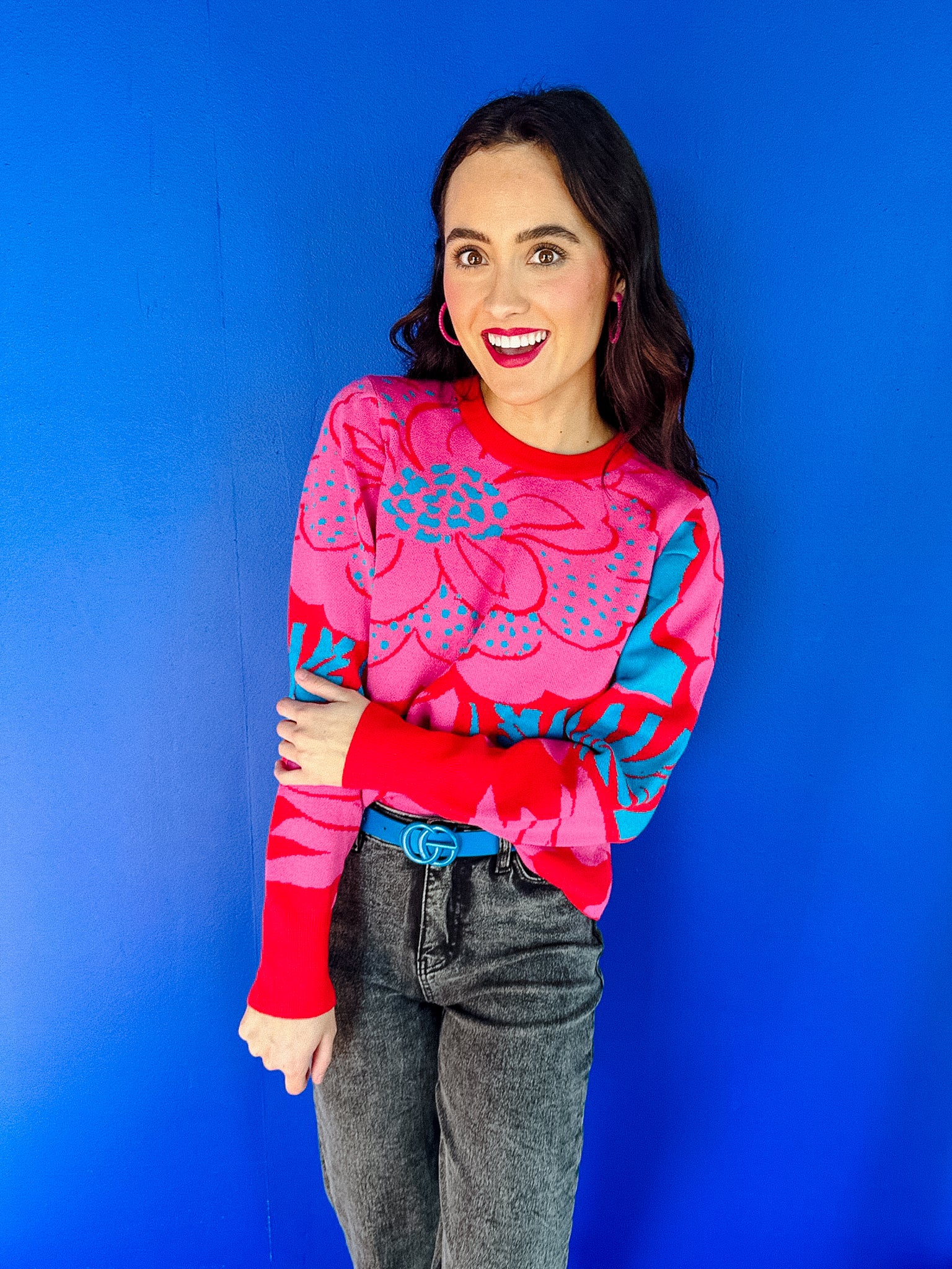 Zinnia Floral Sweater - Fuchsia + Turquiose + Scarlet