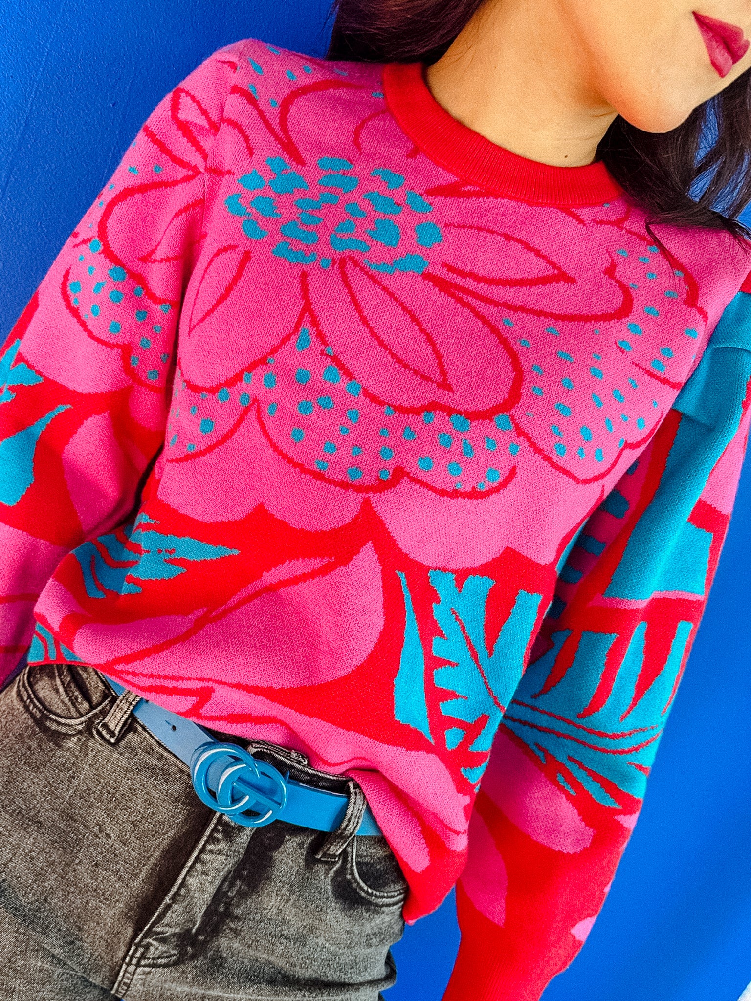 Zinnia Floral Sweater - Fuchsia + Turquiose + Scarlet