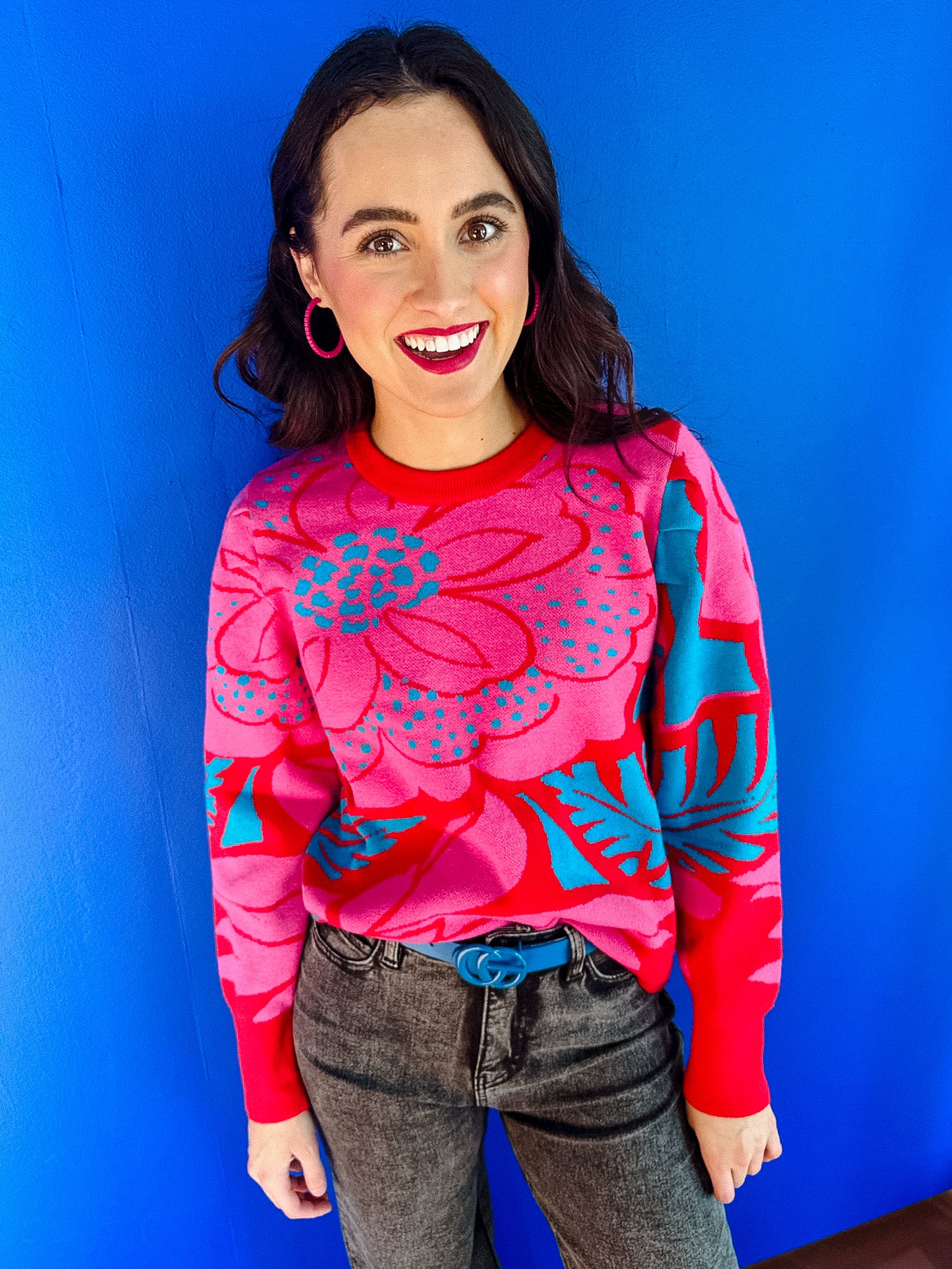 Zinnia Floral Sweater - Fuchsia + Turquiose + Scarlet